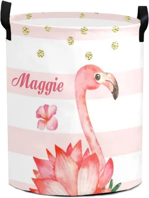 Pink Flamingo Stripe and Dot Personalized Waterproof Foldable Laundry Basket Bag with Handle, Custom Collapsible Clothes Hamper Storage Bin for Toys Laundry Dorm Travel Bathroom