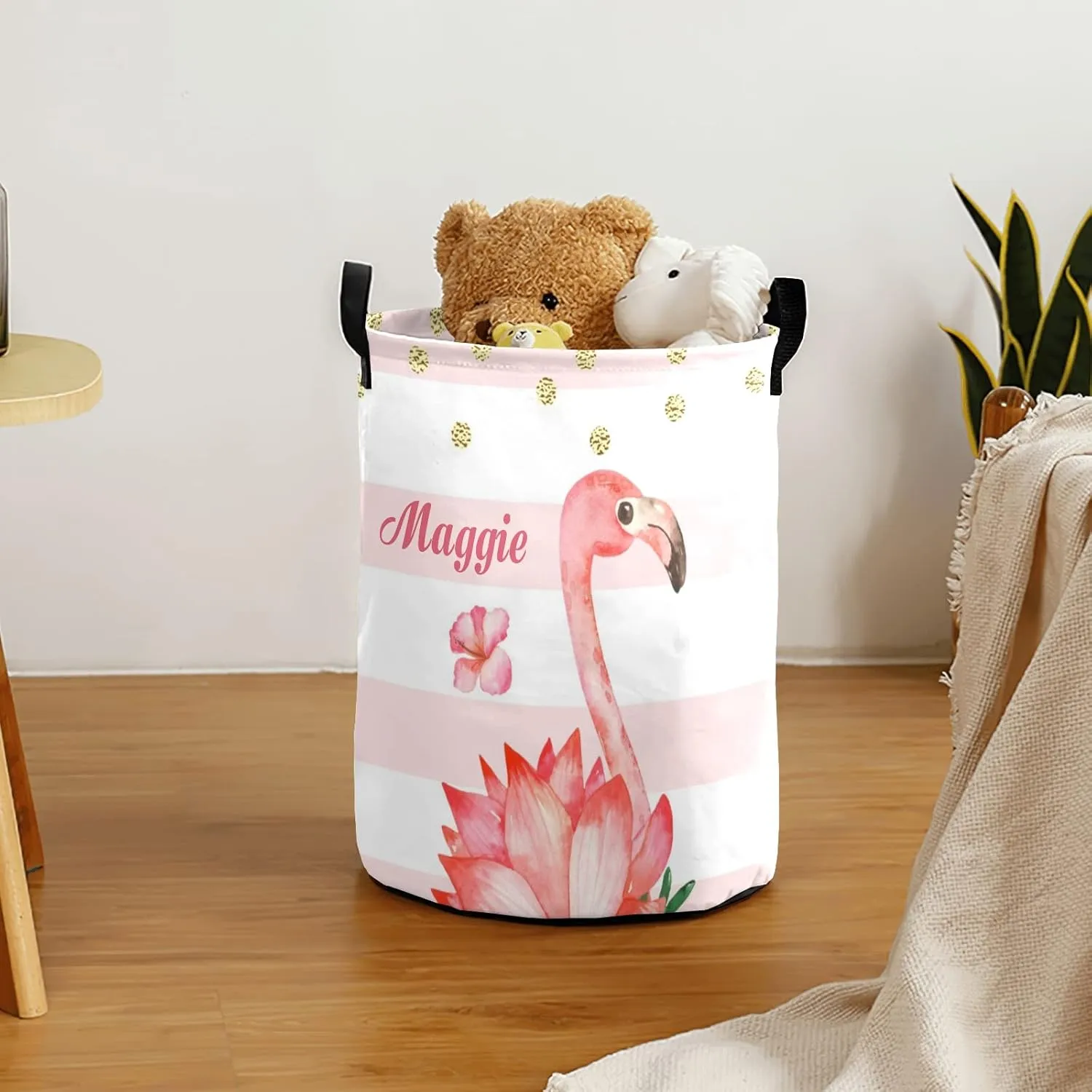 Pink Flamingo Stripe and Dot Personalized Waterproof Foldable Laundry Basket Bag with Handle, Custom Collapsible Clothes Hamper Storage Bin for Toys Laundry Dorm Travel Bathroom