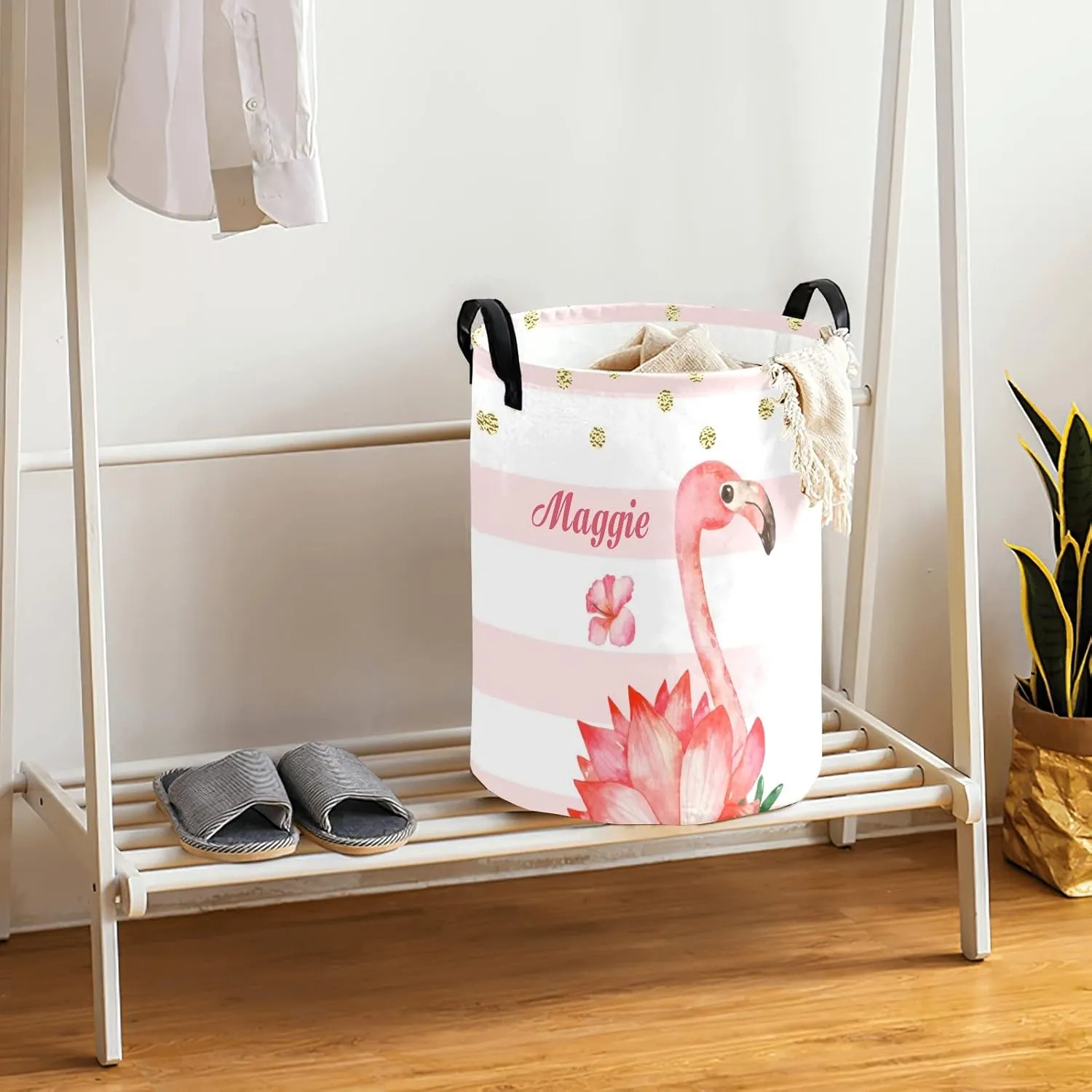 Pink Flamingo Stripe and Dot Personalized Waterproof Foldable Laundry Basket Bag with Handle, Custom Collapsible Clothes Hamper Storage Bin for Toys Laundry Dorm Travel Bathroom