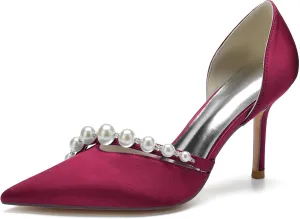 Pointed Toe Pearl Wedding Comfortable Heels Slip On Wedding Shoes for Bride Satin Bridal Shoes Dress Pumps for Women