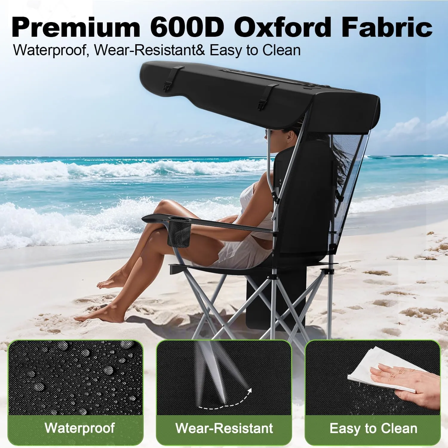 Portable Camping Chair with Canopy - Folding Chair with Canopy, Durable 600D Oxford Canopy Chair for Camping, Beach, Picnics, Fishing & Sports