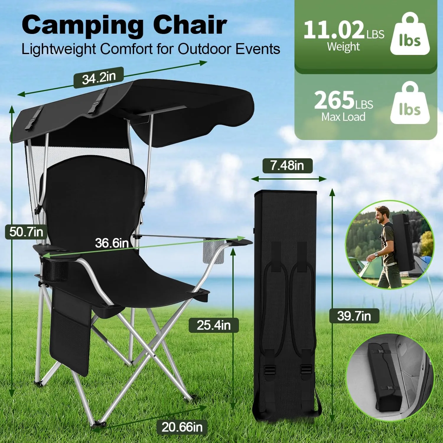 Portable Camping Chair with Canopy - Folding Chair with Canopy, Durable 600D Oxford Canopy Chair for Camping, Beach, Picnics, Fishing & Sports