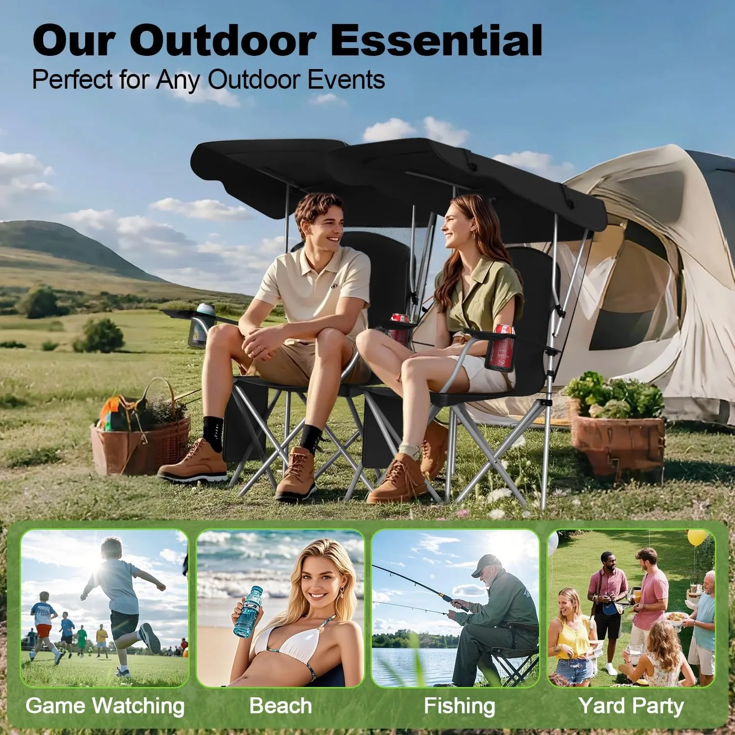 Portable Camping Chair with Canopy - Folding Chair with Canopy, Durable 600D Oxford Canopy Chair for Camping, Beach, Picnics, Fishing & Sports