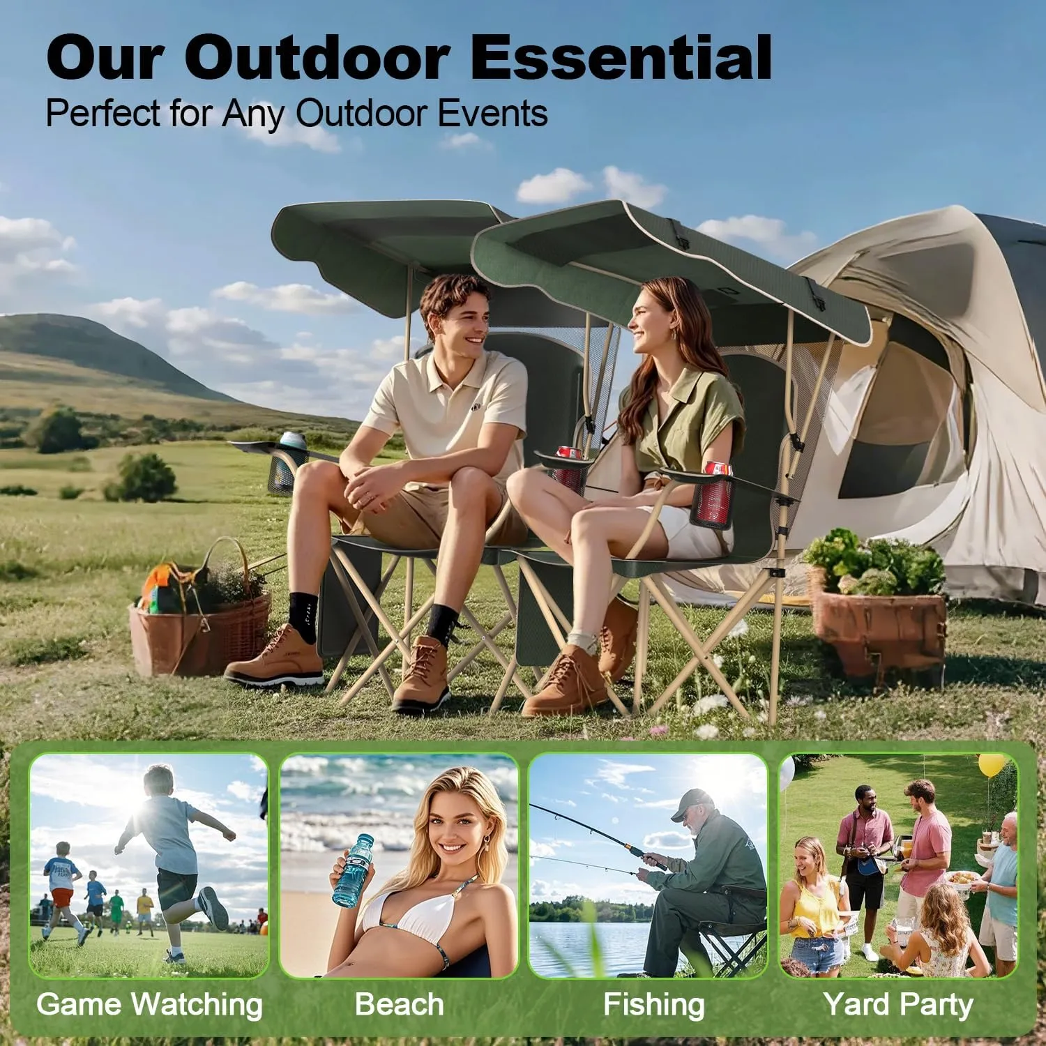Portable Camping Chair with Canopy - Folding Chair with Canopy, Durable 600D Oxford Canopy Chair for Camping, Beach, Picnics, Fishing & Sports