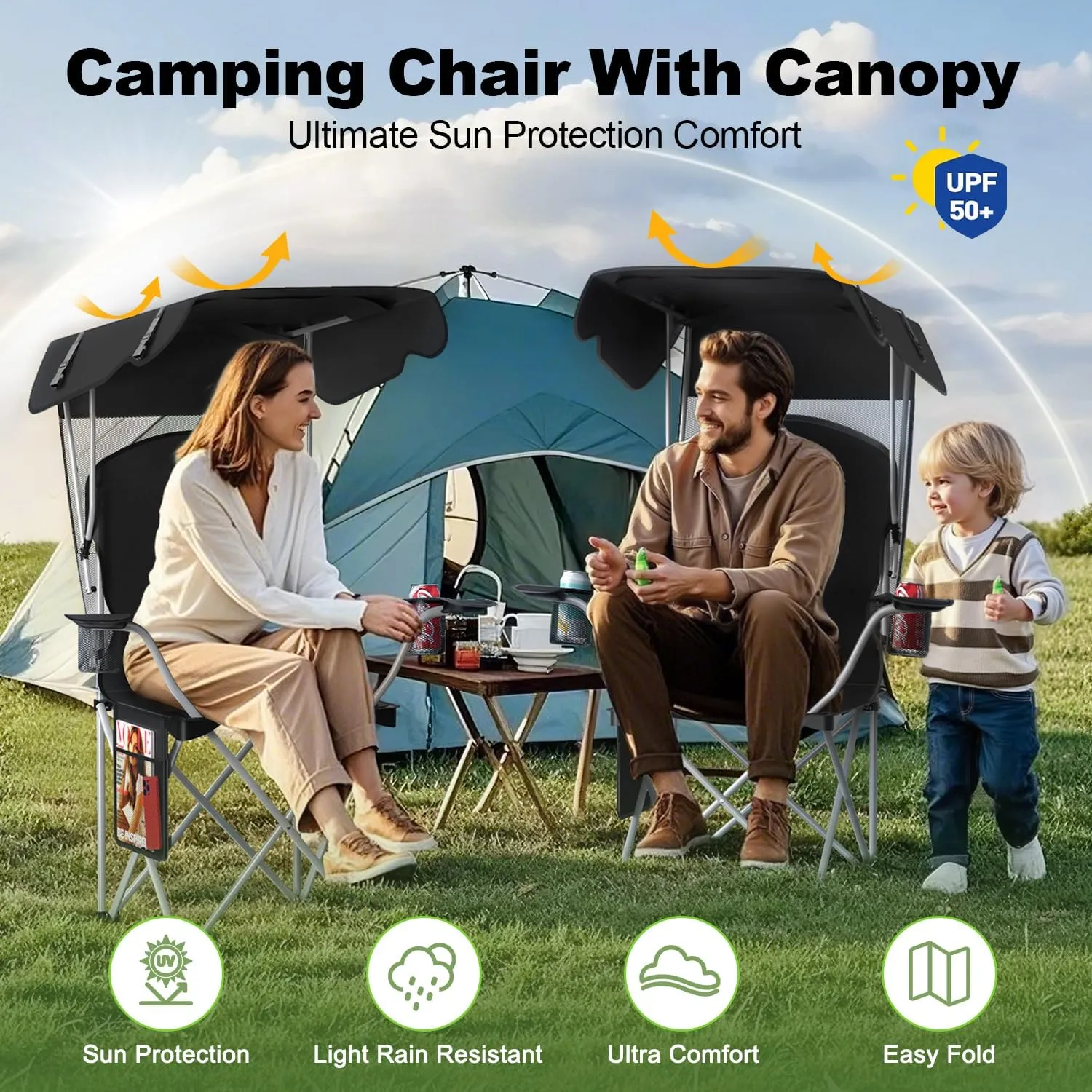Portable Camping Chair with Canopy - Folding Chair with Canopy, Durable 600D Oxford Canopy Chair for Camping, Beach, Picnics, Fishing & Sports