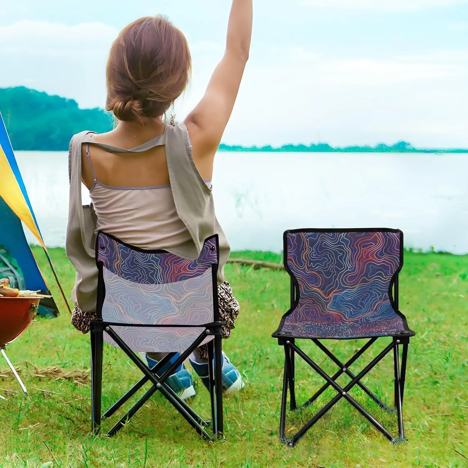 Portable Folding Camping Chair with Carrying Bag Lines Lightweight Folding Chair Perfect for Camping, Tailgates, Beach, and Sports