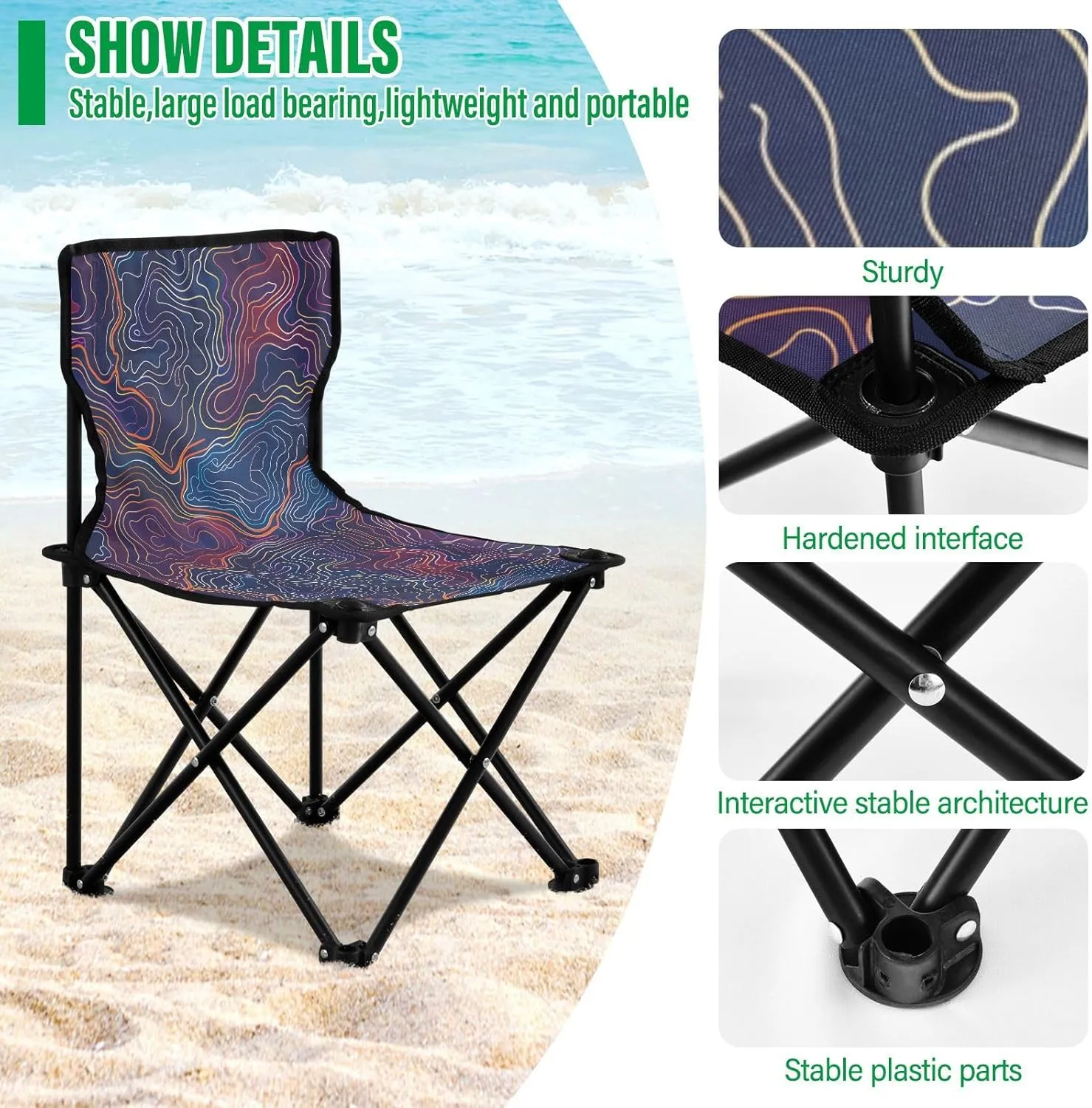 Portable Folding Camping Chair with Carrying Bag Lines Lightweight Folding Chair Perfect for Camping, Tailgates, Beach, and Sports