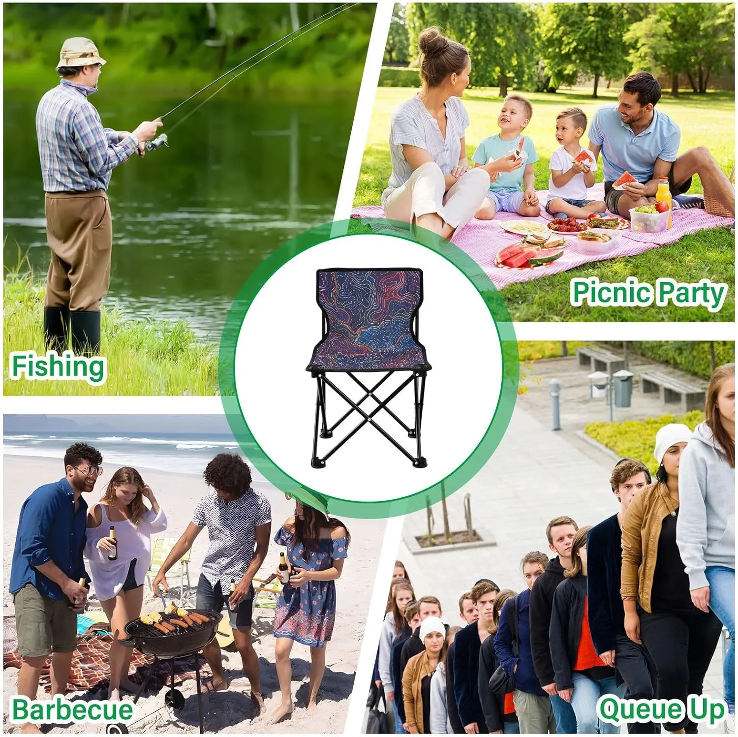 Portable Folding Camping Chair with Carrying Bag Lines Lightweight Folding Chair Perfect for Camping, Tailgates, Beach, and Sports