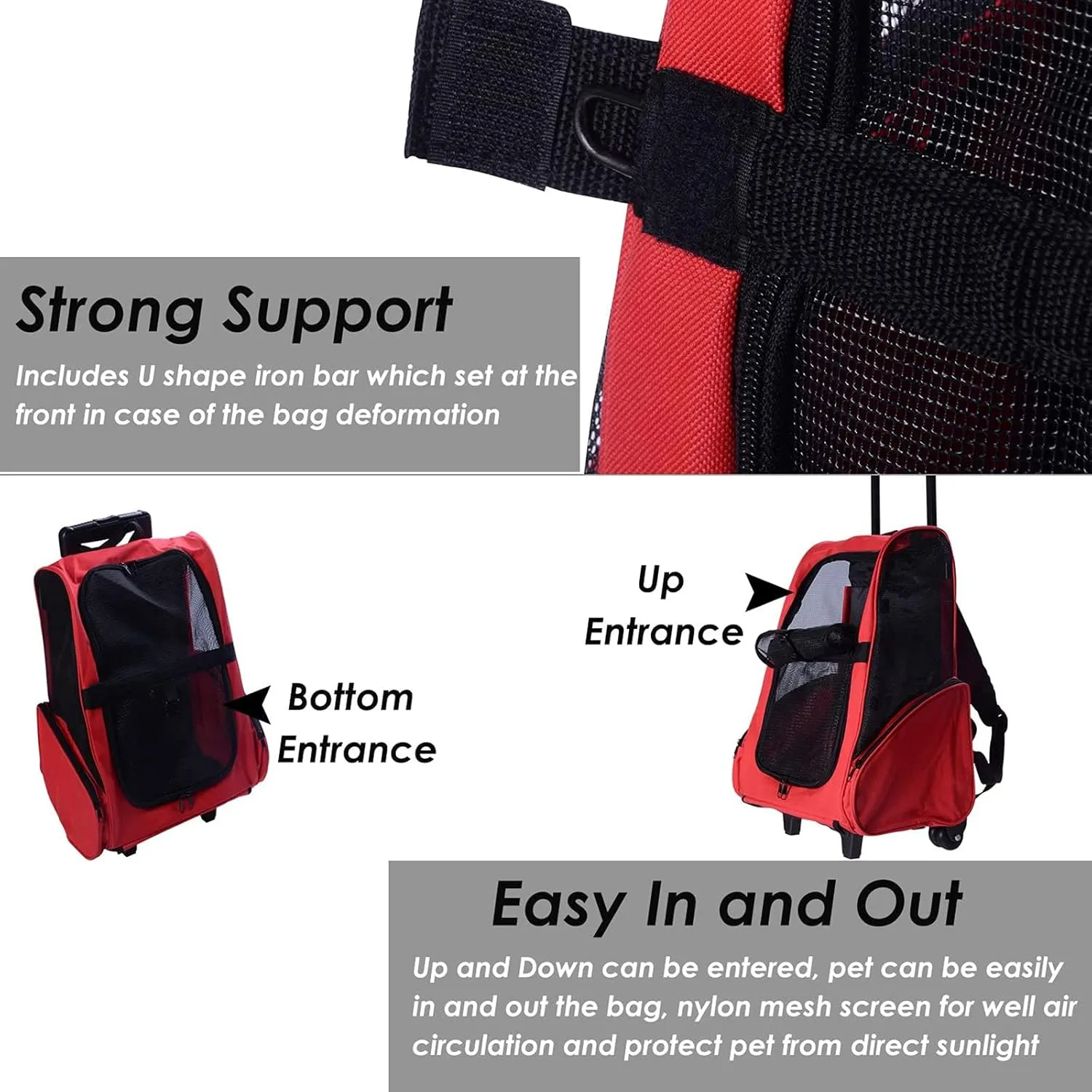 Portable Pet Travel Carrier & Backpack Luggage, Pet Carrier Stroller Trolley Bag with Wheels Soft-Sided Dog Cat Puppy Rolling Carrier with Telescopic Handle