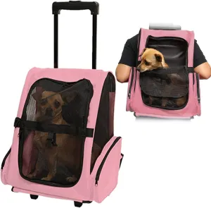 Portable Pet Travel Carrier & Backpack Luggage, Pet Carrier Stroller Trolley Bag with Wheels Soft-Sided Dog Cat Puppy Rolling Carrier with Telescopic Handle