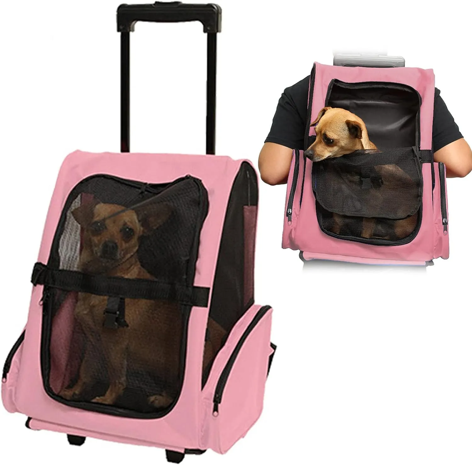Portable Pet Travel Carrier & Backpack Luggage, Pet Carrier Stroller Trolley Bag with Wheels Soft-Sided Dog Cat Puppy Rolling Carrier with Telescopic Handle
