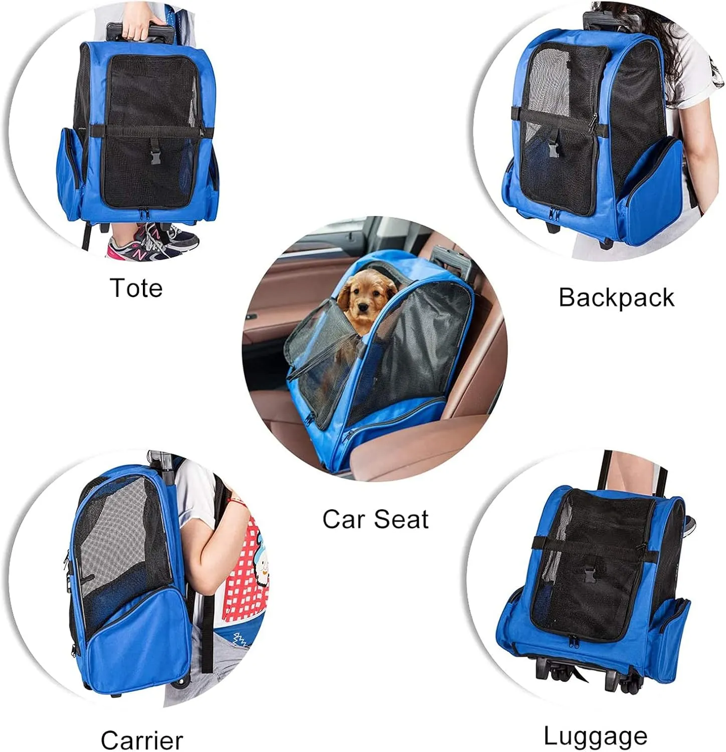 Portable Pet Travel Carrier & Backpack Luggage, Pet Carrier Stroller Trolley Bag with Wheels Soft-Sided Dog Cat Puppy Rolling Carrier with Telescopic Handle