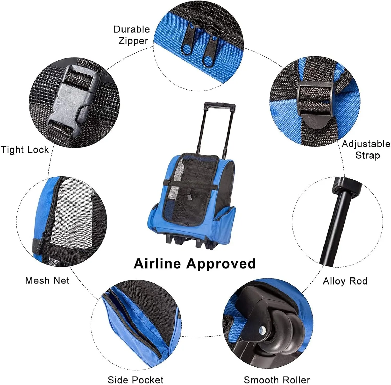 Portable Pet Travel Carrier & Backpack Luggage, Pet Carrier Stroller Trolley Bag with Wheels Soft-Sided Dog Cat Puppy Rolling Carrier with Telescopic Handle