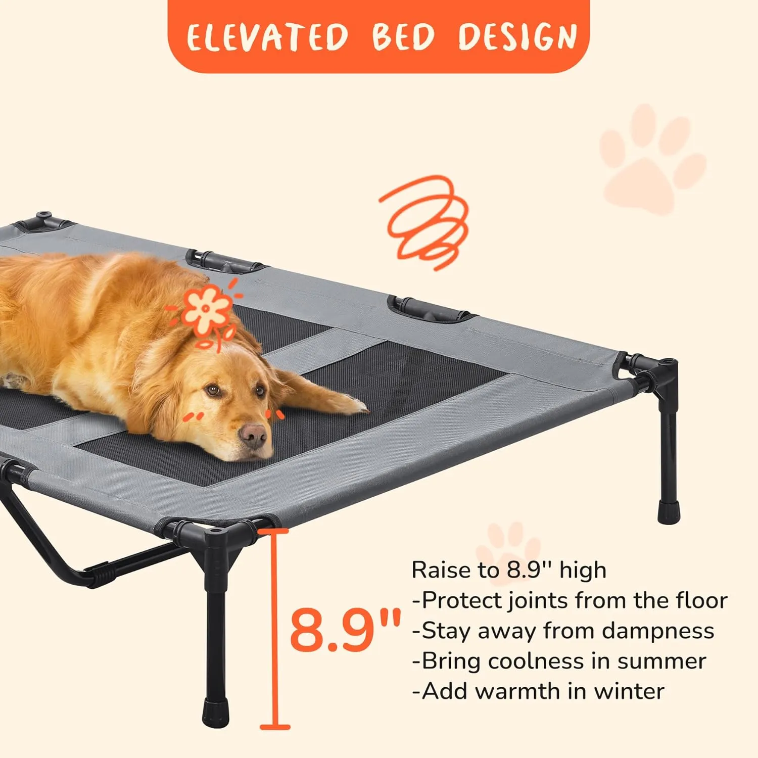 PRAISUN XXL Outdoor Dog Bed, Elevated Dog Bed with Durable Oxford Fabric, Textilene Mesh, Metal Frame for Indoors, Outdoors, Lawn, Dark Grey