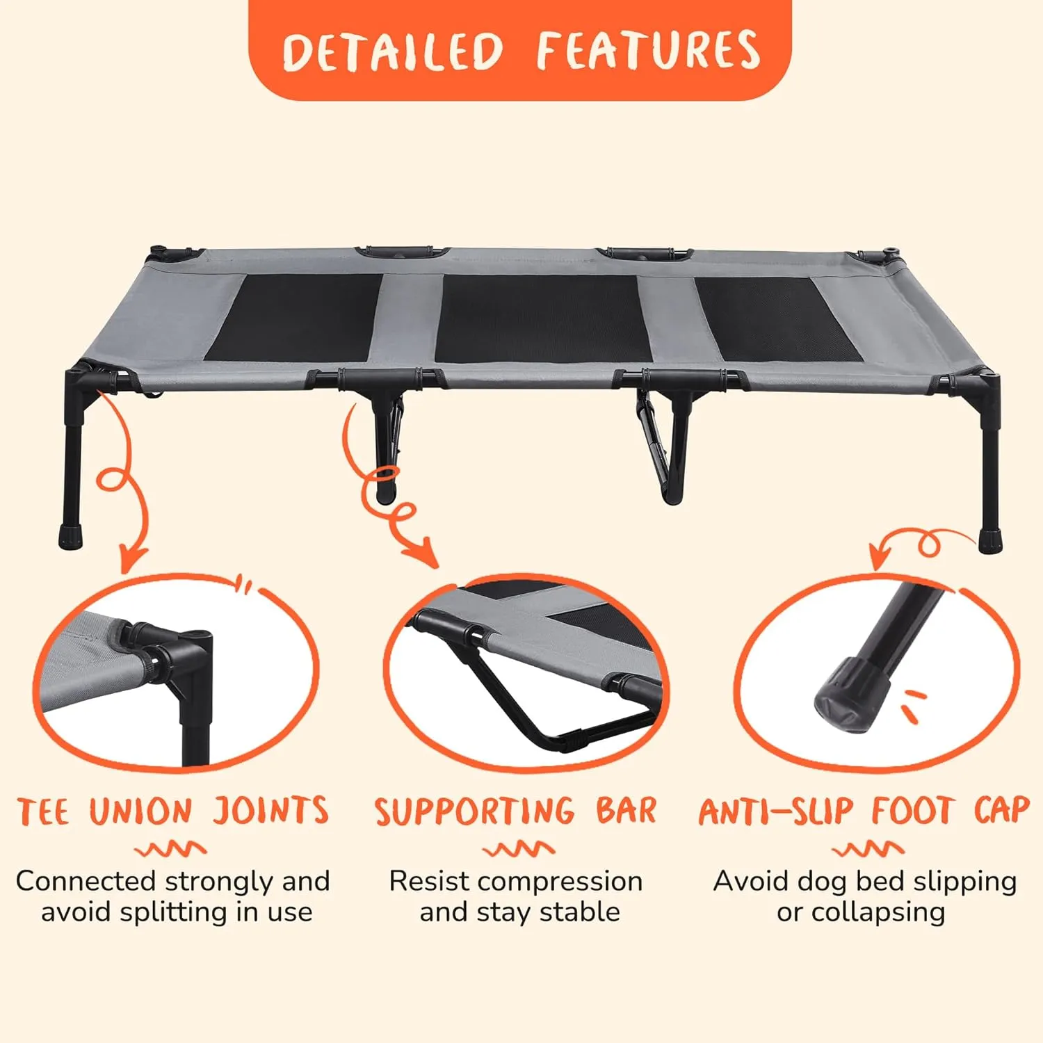 PRAISUN XXL Outdoor Dog Bed, Elevated Dog Bed with Durable Oxford Fabric, Textilene Mesh, Metal Frame for Indoors, Outdoors, Lawn, Dark Grey