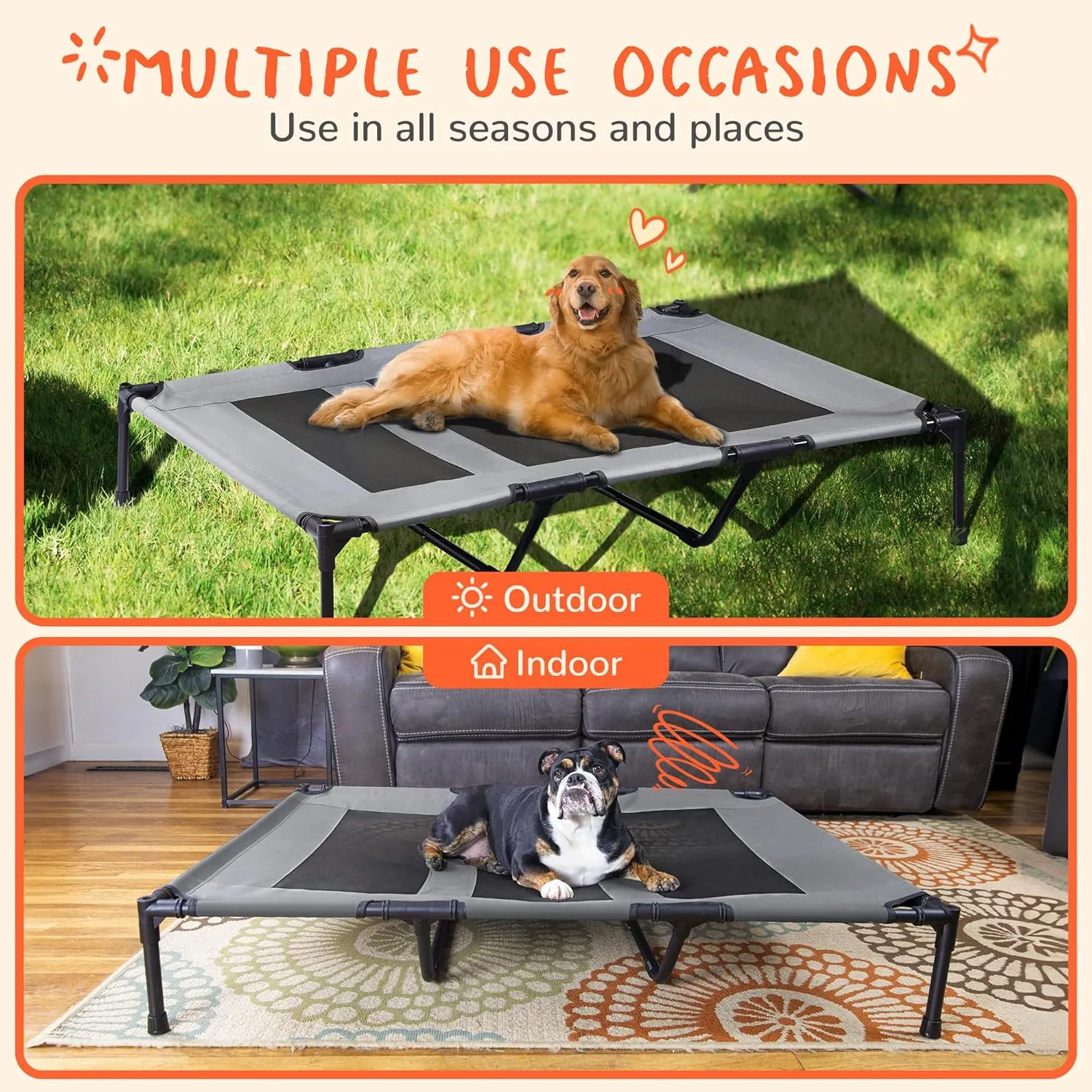 PRAISUN XXL Outdoor Dog Bed, Elevated Dog Bed with Durable Oxford Fabric, Textilene Mesh, Metal Frame for Indoors, Outdoors, Lawn, Dark Grey