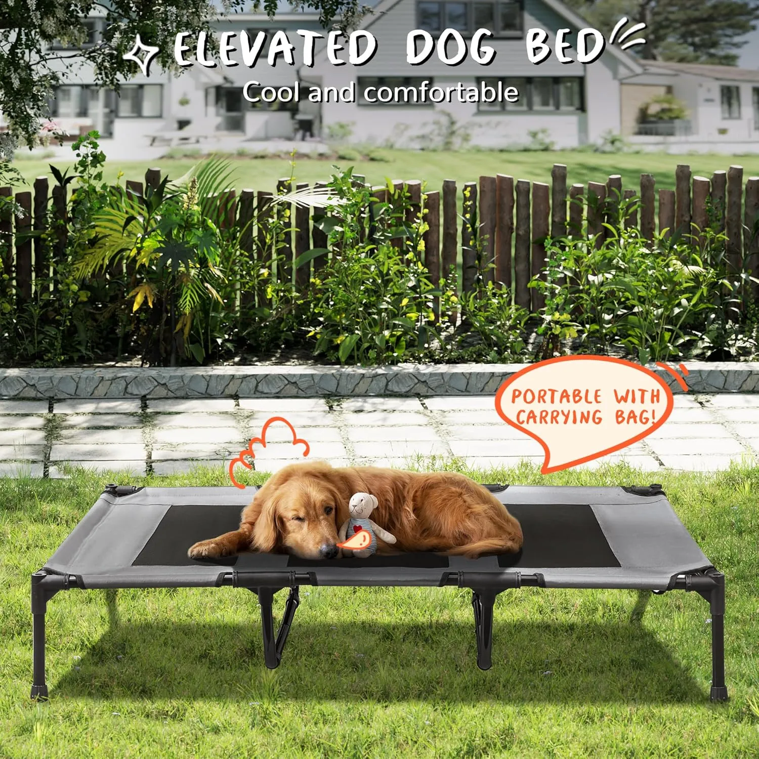 PRAISUN XXL Outdoor Dog Bed, Elevated Dog Bed with Durable Oxford Fabric, Textilene Mesh, Metal Frame for Indoors, Outdoors, Lawn, Dark Grey