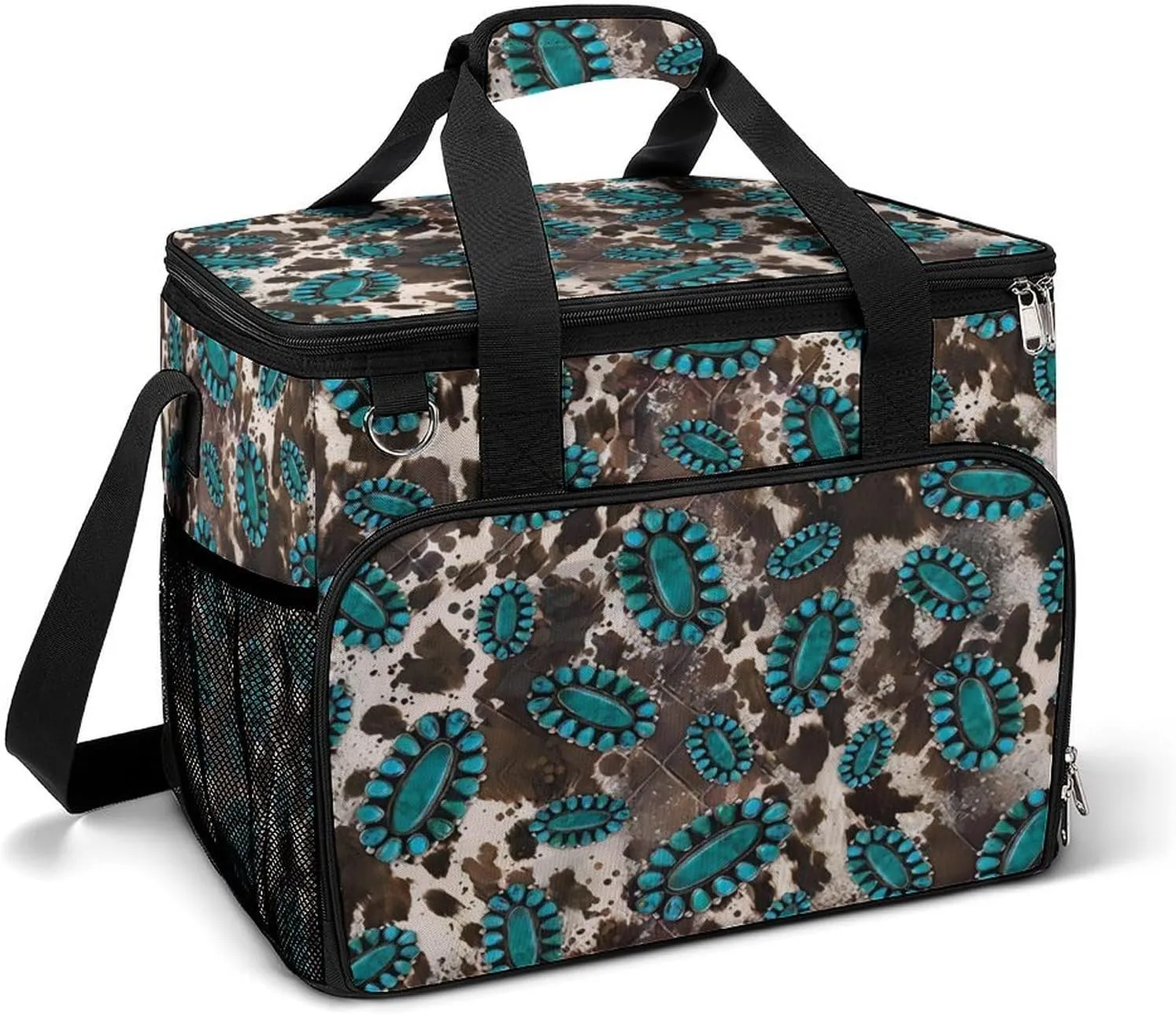 Primitive Cowboy Cowhide Western Brown Turquoise Cooler Bag, Collapsible Soft Sided Cooler, Large Leakproof Camping Cooler, Portable Travel Cooler for Camping, Road Trips