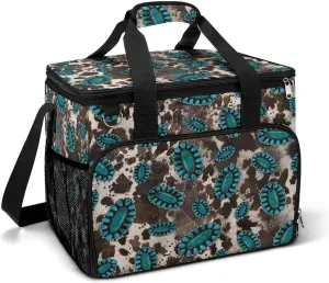 Primitive Cowboy Cowhide Western Brown Turquoise Cooler Bag, Collapsible Soft Sided Cooler, Large Leakproof Camping Cooler, Portable Travel Cooler for Camping, Road Trips