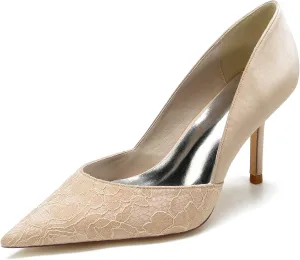 Pumps for Women Pointed Toe Stiletto High Heels Lace Satin Slip-On Wedding Shoes Ideal for Business Office Dress Weddings Fashion Events,Champagne,7