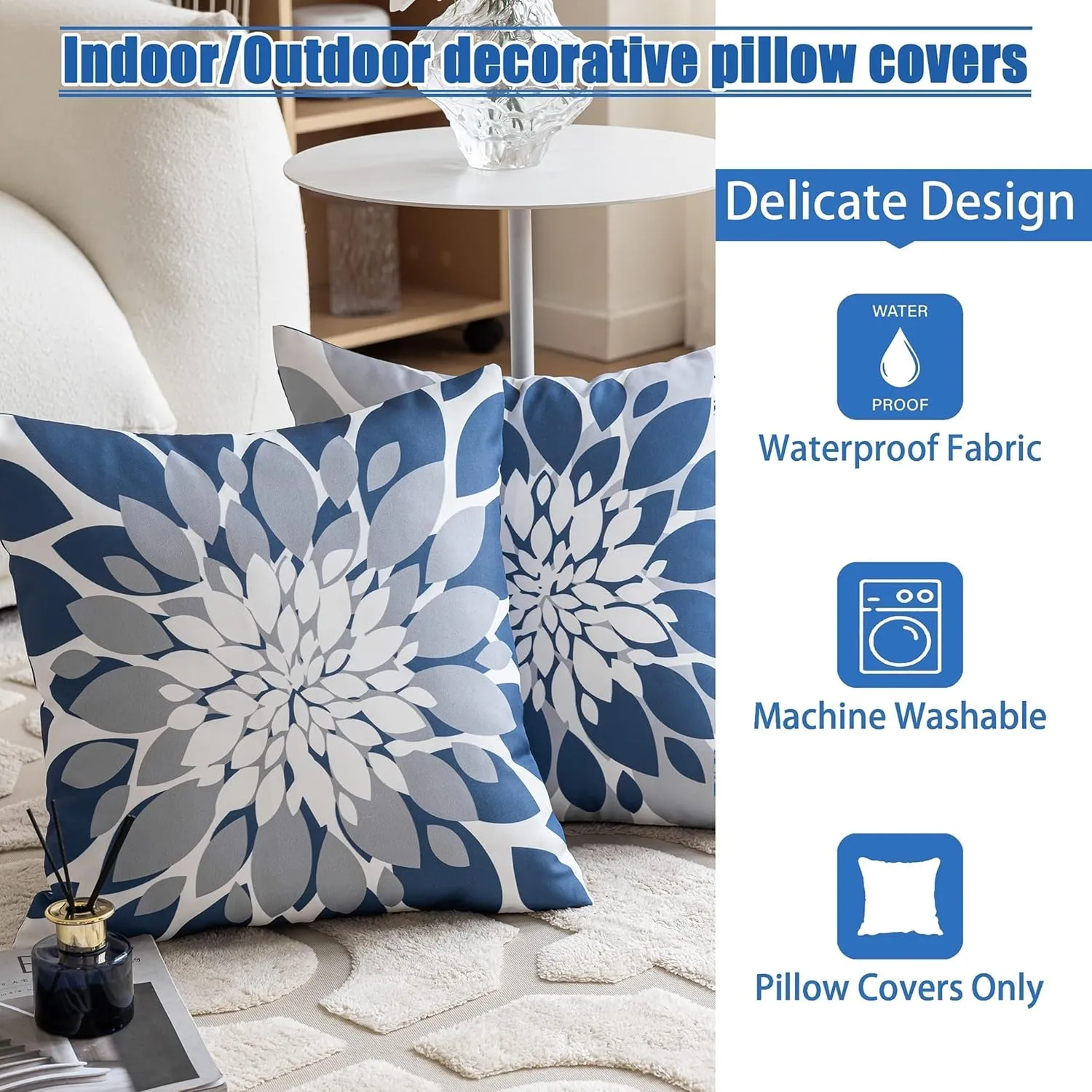 Qahing Pack of 4 Outdoor Waterproof Pillow Covers 18x18 Decorative Outdoor Throw Pillows Garden Square Cases for Patio Furniture, Couch, Tent Sunbrella, Bench, Blue Grey