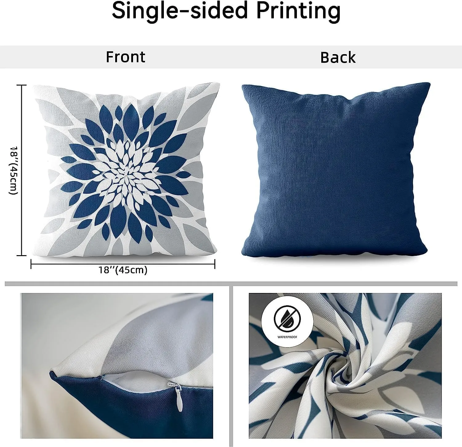 Qahing Pack of 4 Outdoor Waterproof Pillow Covers 18x18 Decorative Outdoor Throw Pillows Garden Square Cases for Patio Furniture, Couch, Tent Sunbrella, Bench, Blue Grey