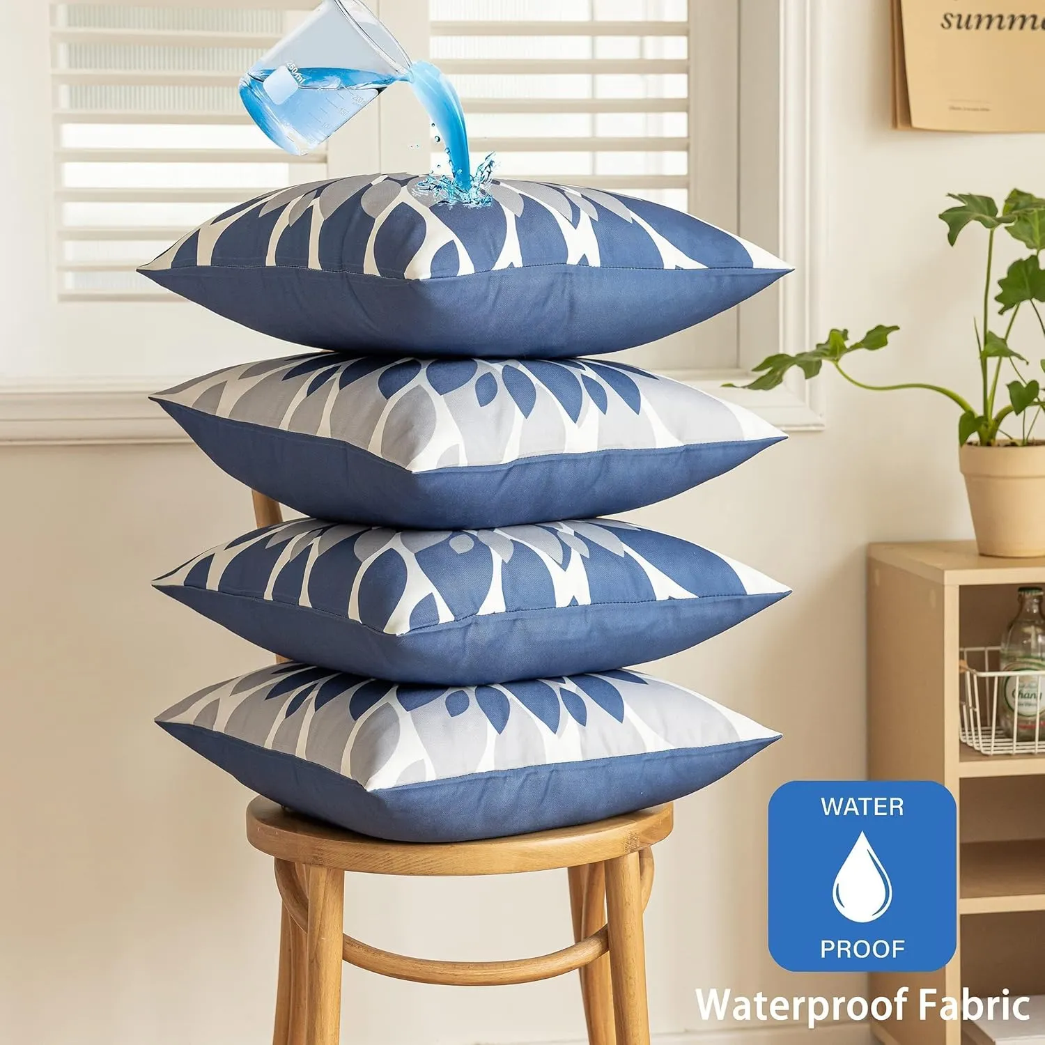 Qahing Pack of 4 Outdoor Waterproof Pillow Covers 18x18 Decorative Outdoor Throw Pillows Garden Square Cases for Patio Furniture, Couch, Tent Sunbrella, Bench, Blue Grey