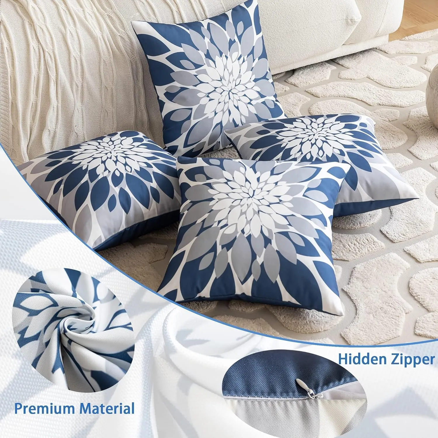 Qahing Pack of 4 Outdoor Waterproof Pillow Covers 18x18 Decorative Outdoor Throw Pillows Garden Square Cases for Patio Furniture, Couch, Tent Sunbrella, Bench, Blue Grey