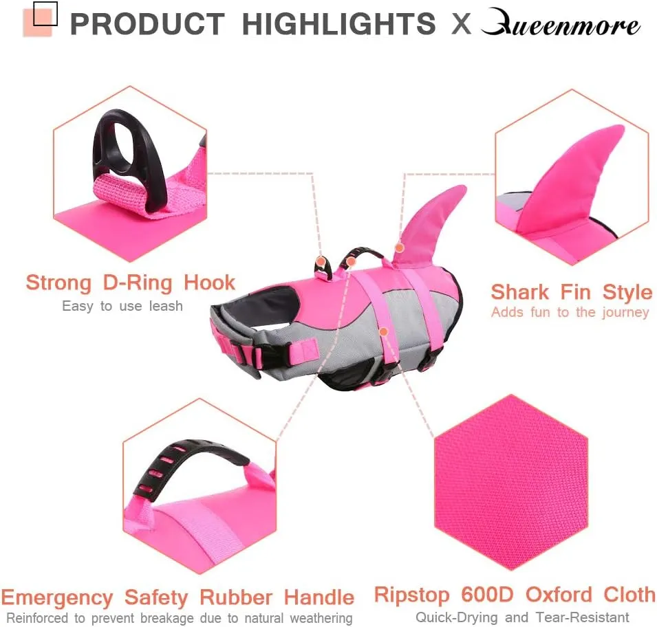 Queenmore Dog Life Jacket Ripstop Shark Dog Safety Vest Adjustable Preserver with High Buoyancy and Durable Rescue Handle for Small,Medium,Large Dogs, Pink Shark Medium