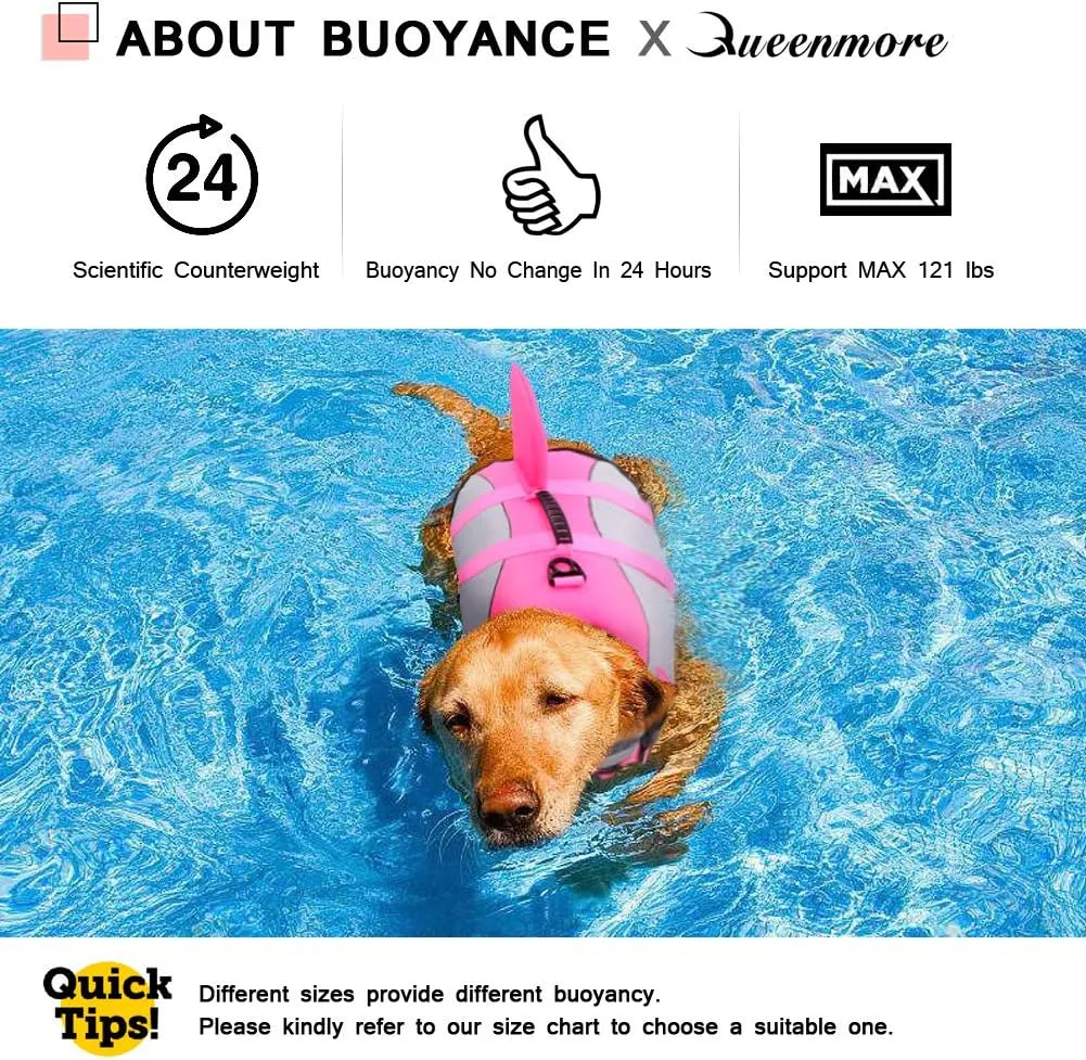 Queenmore Dog Life Jacket Ripstop Shark Dog Safety Vest Adjustable Preserver with High Buoyancy and Durable Rescue Handle for Small,Medium,Large Dogs, Pink Shark Medium