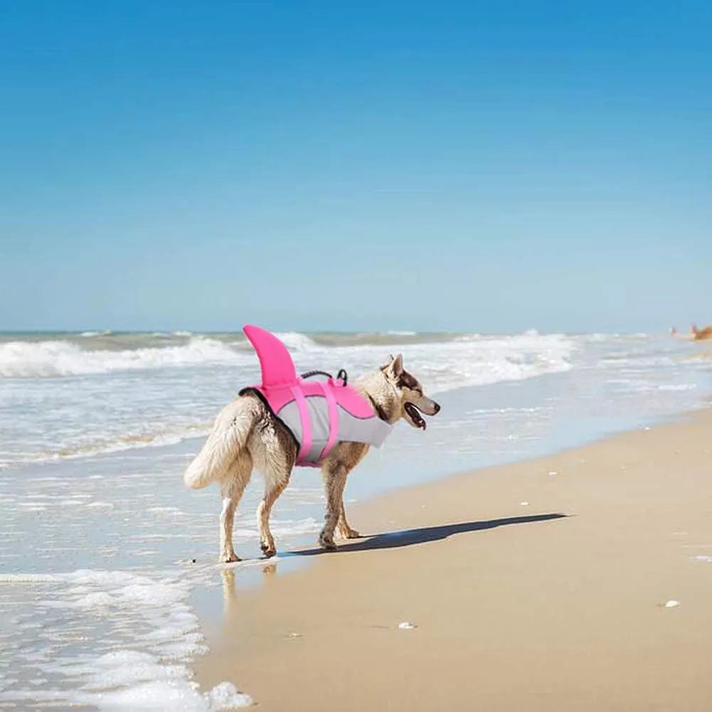 Queenmore Dog Life Jacket Ripstop Shark Dog Safety Vest Adjustable Preserver with High Buoyancy and Durable Rescue Handle for Small,Medium,Large Dogs, Pink Shark Medium