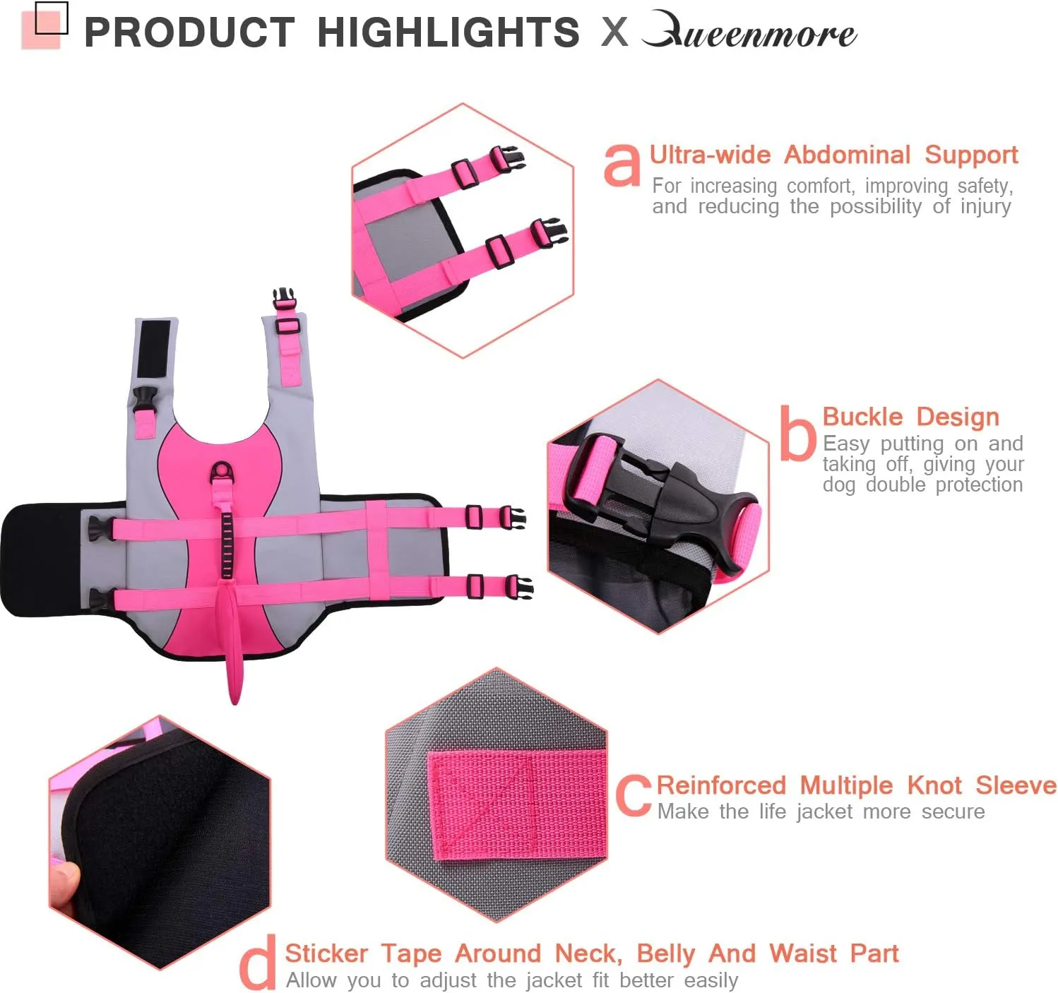 Queenmore Dog Life Jacket Ripstop Shark Dog Safety Vest Adjustable Preserver with High Buoyancy and Durable Rescue Handle for Small,Medium,Large Dogs, Pink Shark Medium