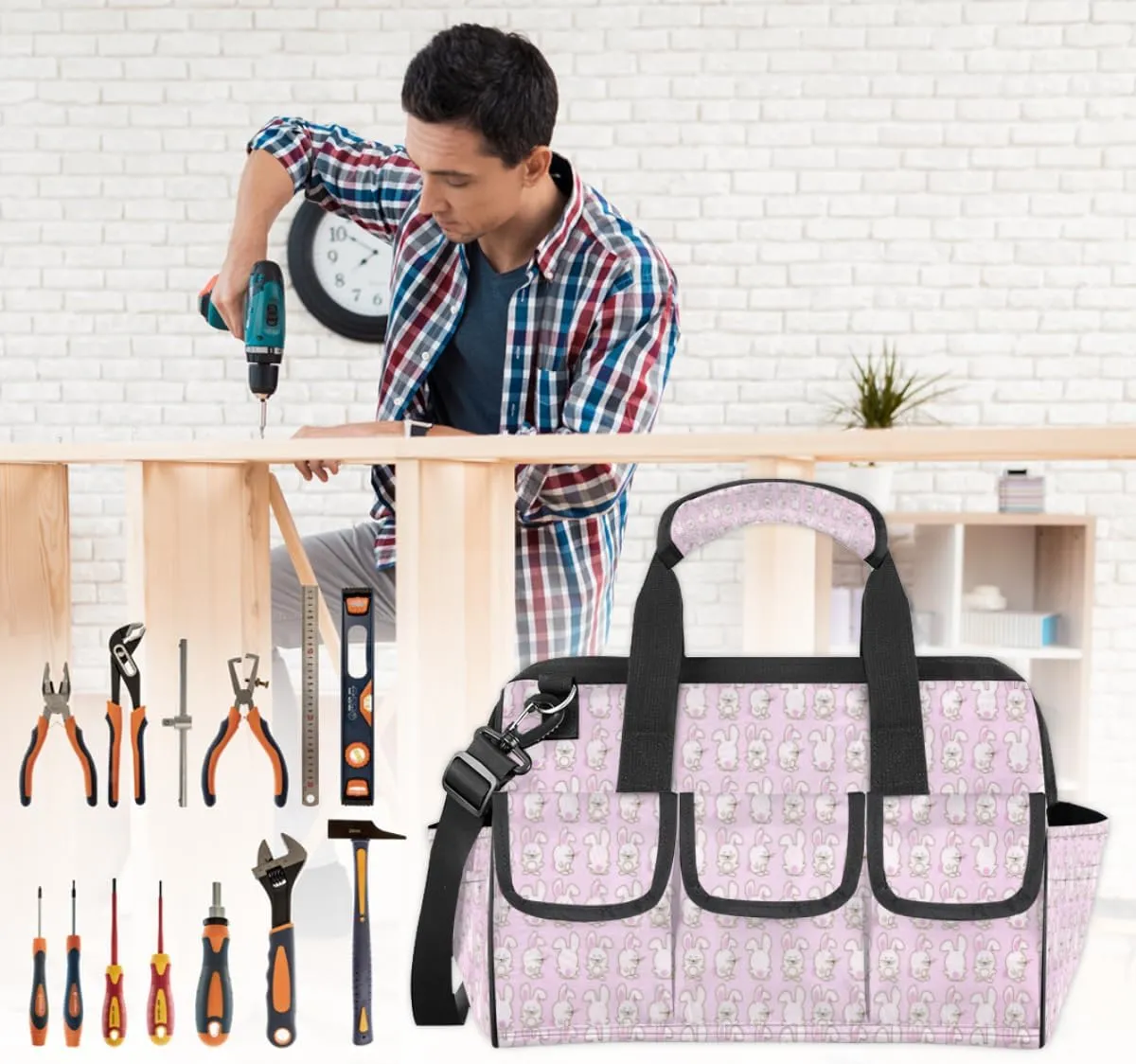 Rabbit Warren Durable Tool Bag for Men with Multiple Pockets - Waterproof Oxford Cloth, Sturdy Zipper, Adjustable Shoulder Strap - Ideal for Woodworking, Maintenance, and Outdoor Activities