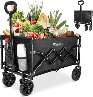 RAINBEAN Collapsible Wagon Cart Foldable Heavy Duty Folding Wagon Large Capacity Shopping Cart Utility for Camping Garden Beach Sports Fishing, Black (264lbs)