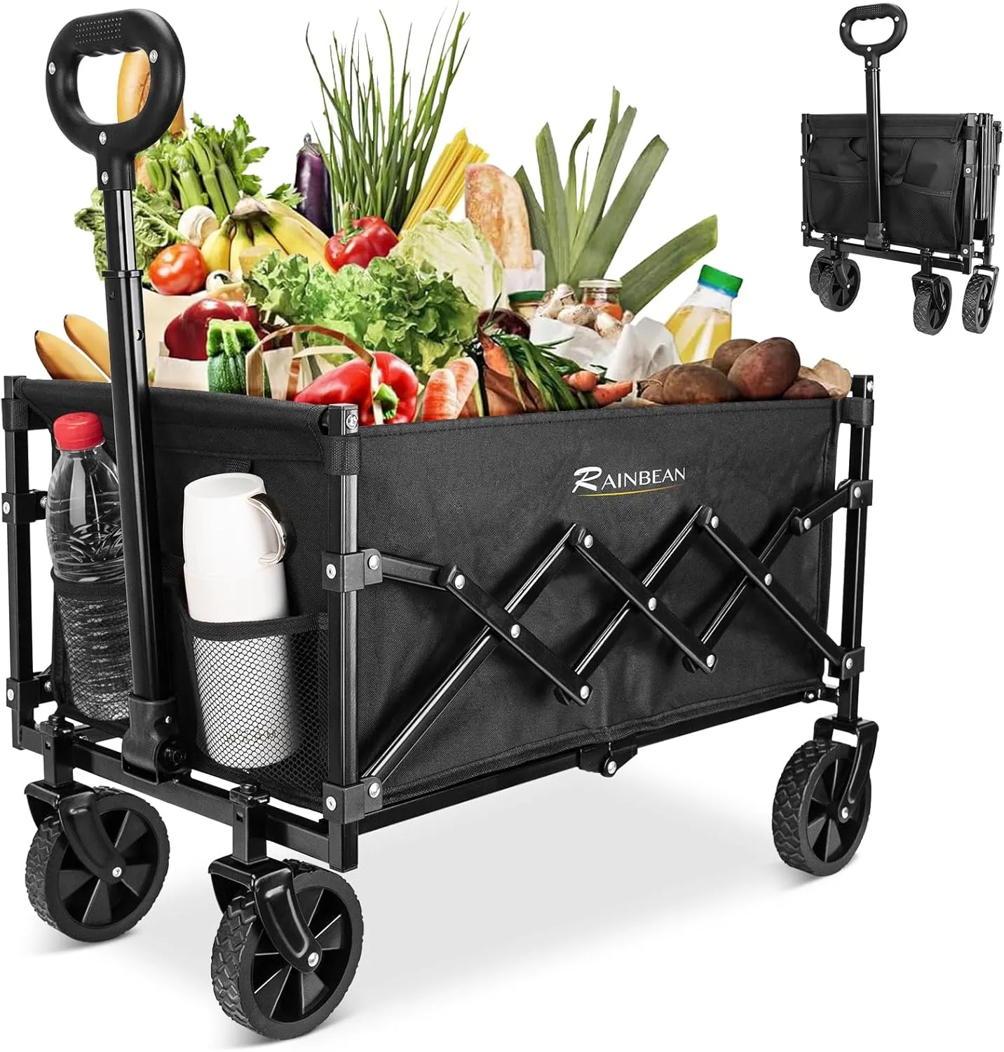 RAINBEAN Collapsible Wagon Cart Foldable Heavy Duty Folding Wagon Large Capacity Shopping Cart Utility for Camping Garden Beach Sports Fishing, Black (264lbs)