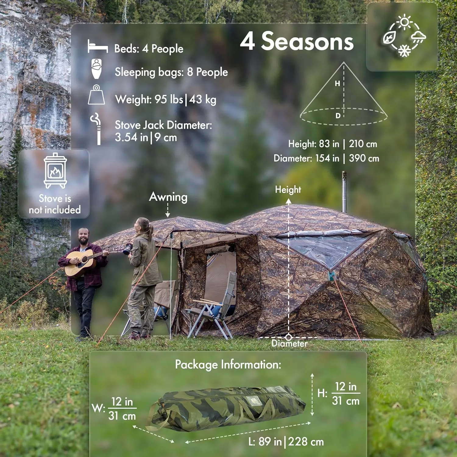 Rbm Outdoors Hot Tent with Stove Jack, Easy Setup 4 Season Winter Tents for Camping, Cold Weather Wall Double Layer Waterproof & Windproof Shelter