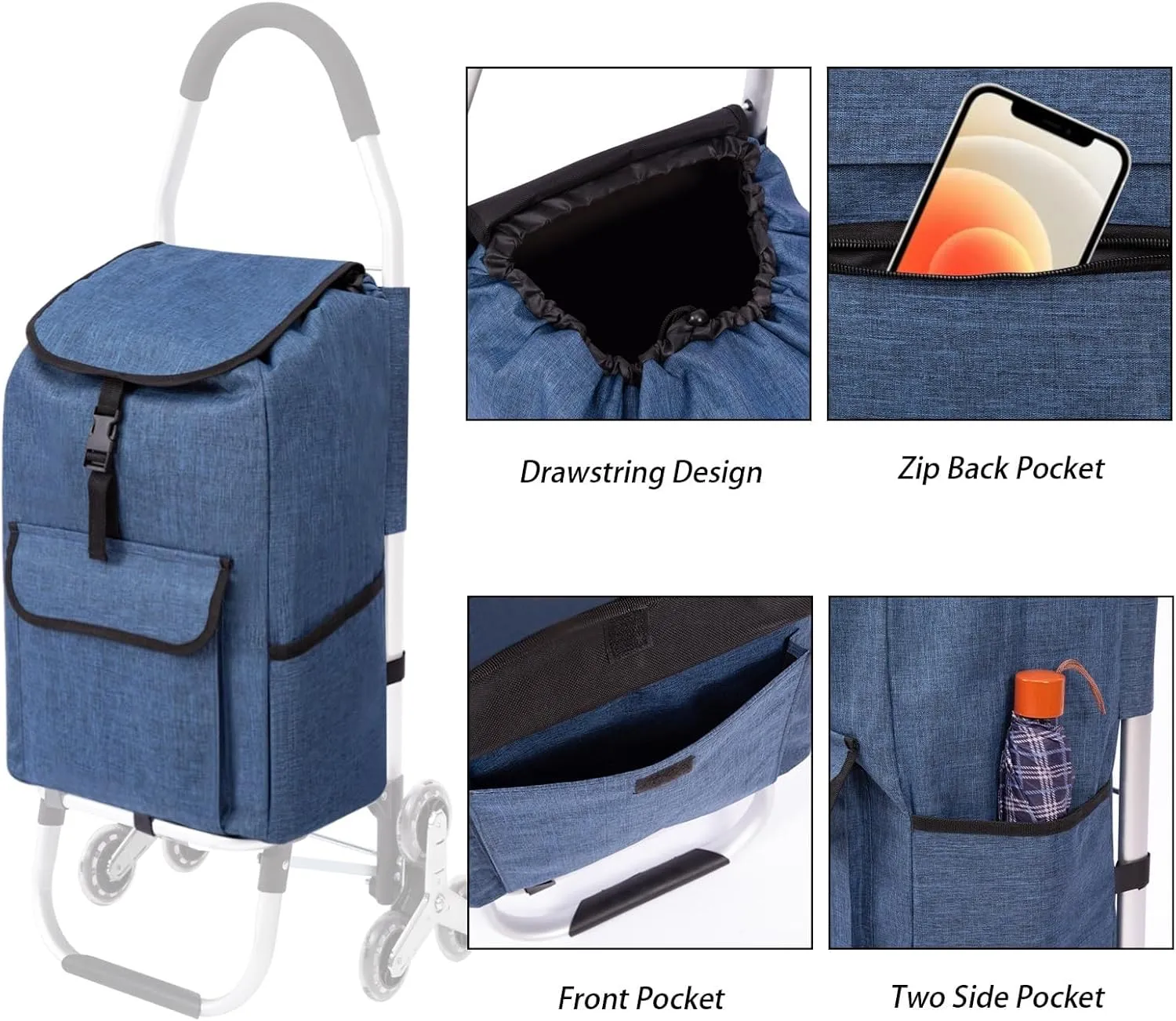 Replacement Bag for Grocery Cart/Shopping Cart - 44L Trolley Replacement Bag, Oxford Cloth Waterproof Storage Bag, Shopping Trolley Replacement Bag with Side Pockets, for Aluminium Alloy Frame, for U