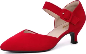 RIBONGZ Comfortable Kitten Heels for Women Pointed Closed Toe Ankle Strap Buckle Heels Slip on Low Heel Church Pumps Wedding Bridal Party Dressy Shoes
