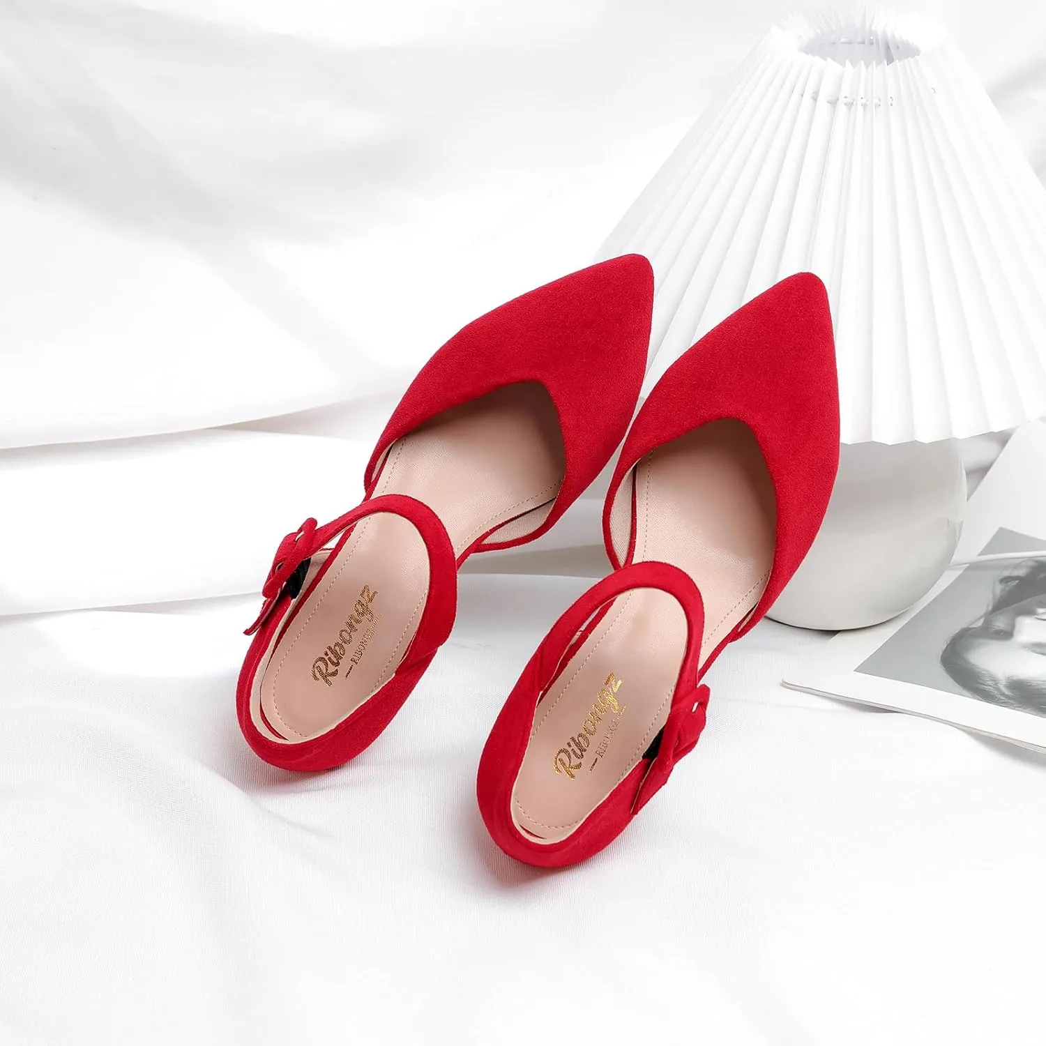 RIBONGZ Comfortable Kitten Heels for Women Pointed Closed Toe Ankle Strap Buckle Heels Slip on Low Heel Church Pumps Wedding Bridal Party Dressy Shoes
