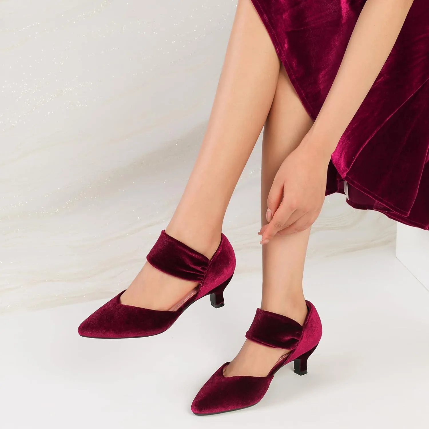 RIBONGZ Kitten Heels for Women Closed Toe Comfortable Low Heels Pointed Toe Sexy Slip on Pumps Bridal Party Dressy Shoes