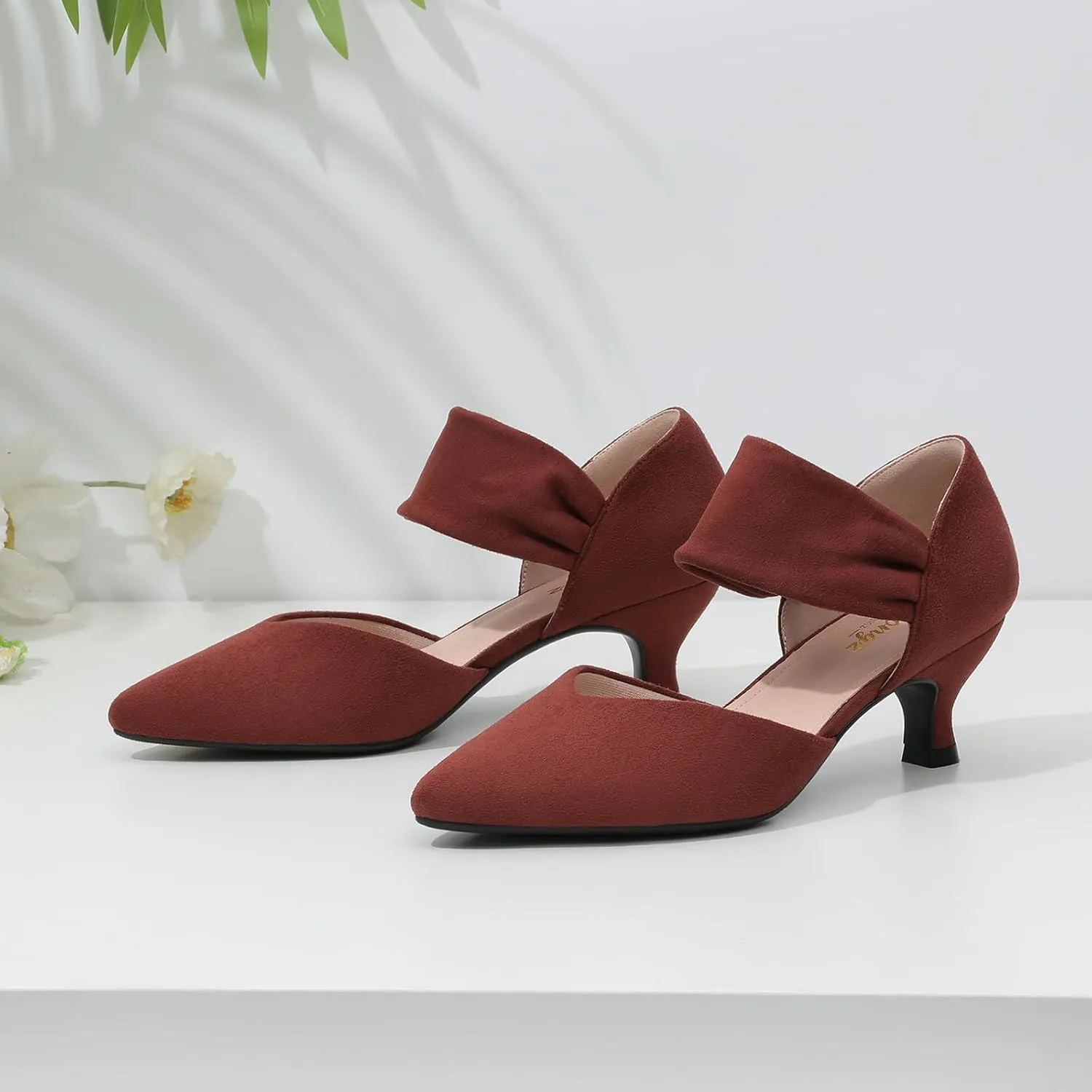 RIBONGZ Kitten Heels for Women Closed Toe Comfortable Low Heels Pointed Toe Sexy Slip on Pumps Bridal Party Dressy Shoes