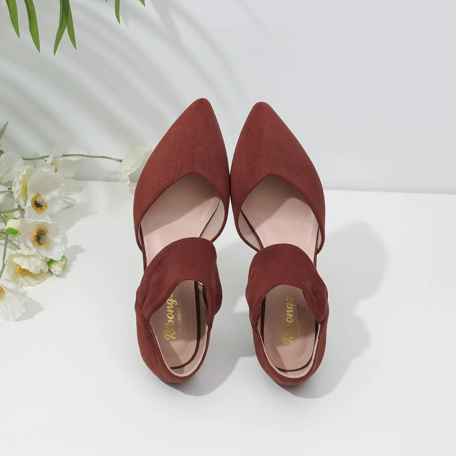 RIBONGZ Kitten Heels for Women Closed Toe Comfortable Low Heels Pointed Toe Sexy Slip on Pumps Bridal Party Dressy Shoes