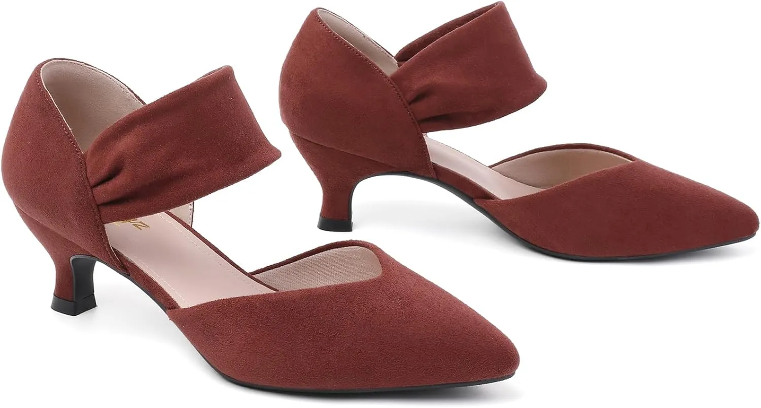 RIBONGZ Kitten Heels for Women Closed Toe Comfortable Low Heels Pointed Toe Sexy Slip on Pumps Bridal Party Dressy Shoes