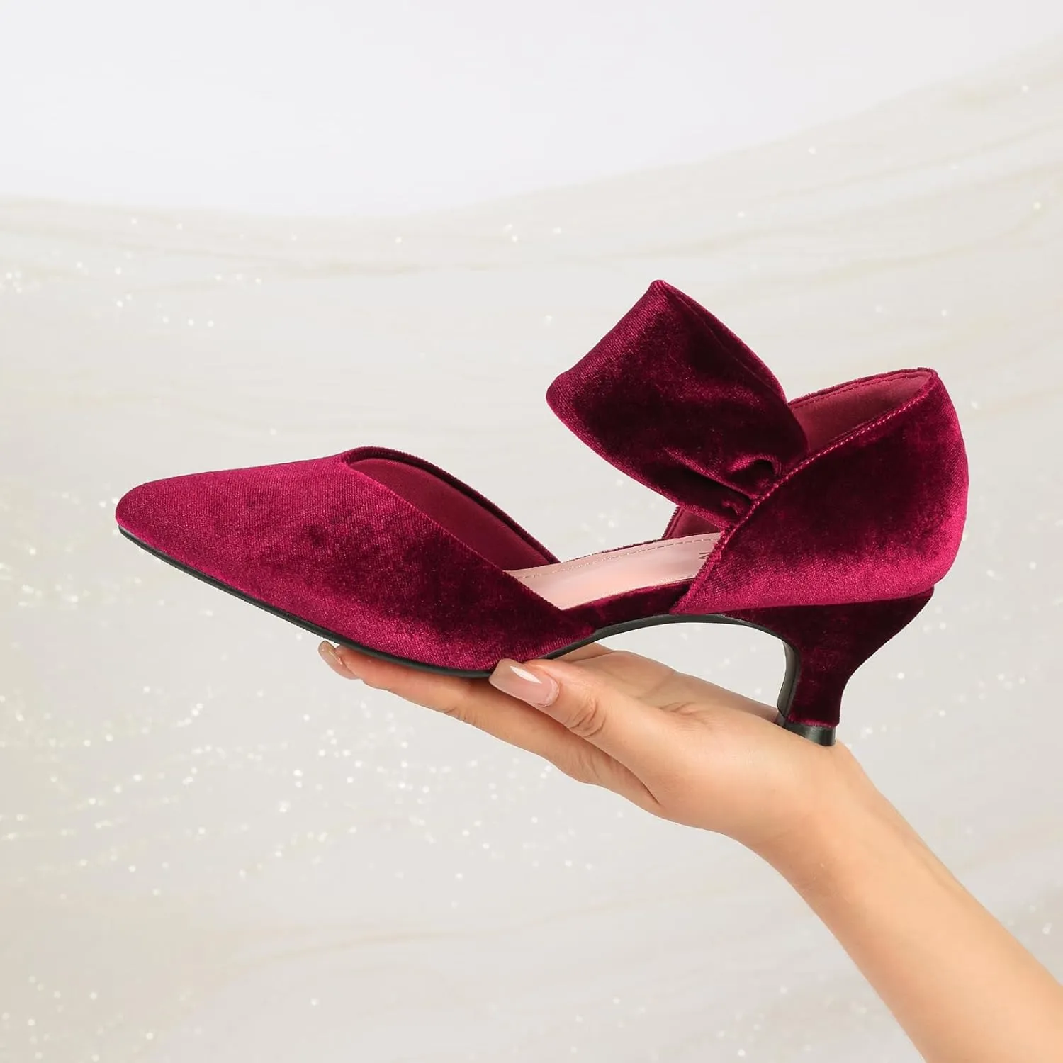 RIBONGZ Kitten Heels for Women Closed Toe Comfortable Low Heels Pointed Toe Sexy Slip on Pumps Bridal Party Dressy Shoes