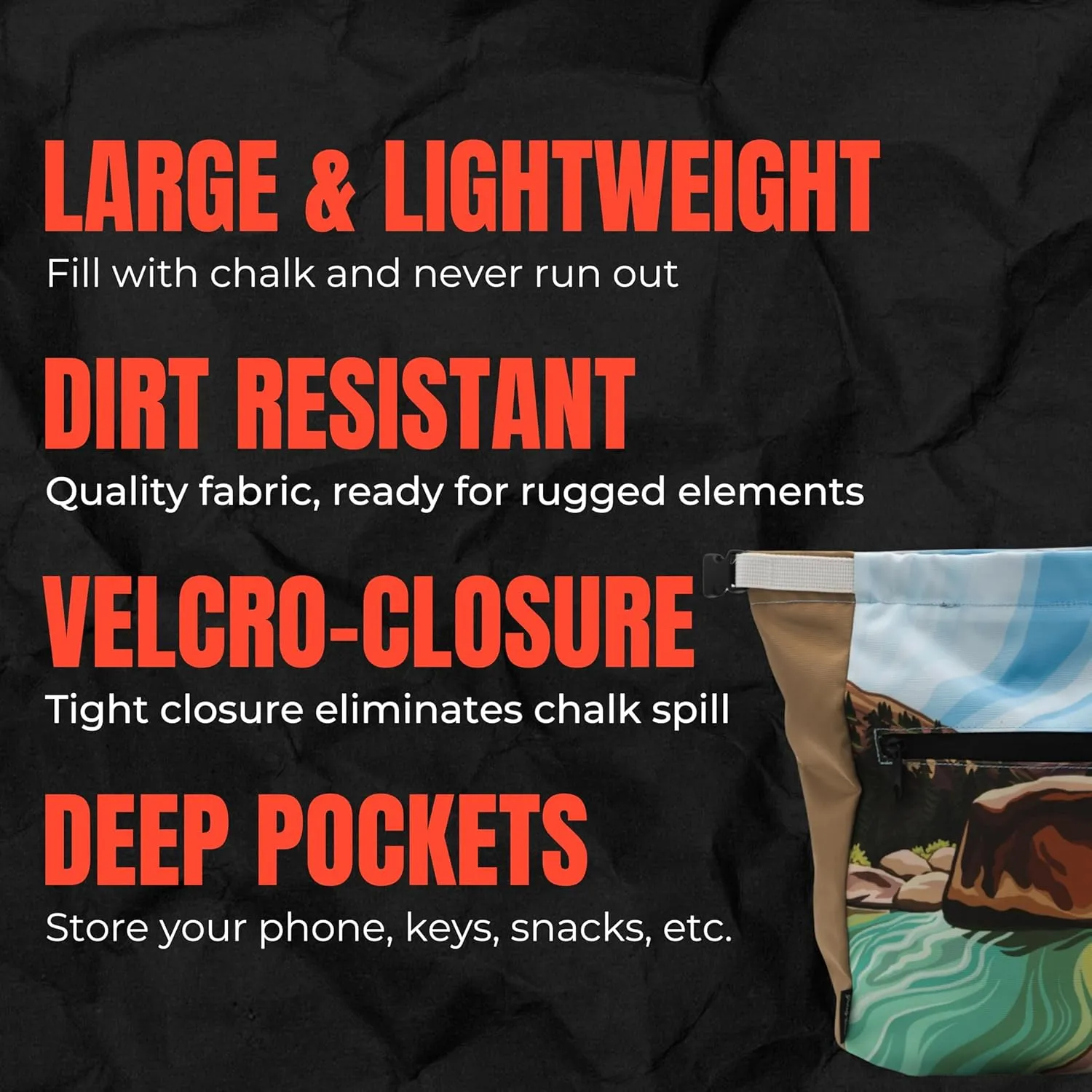 Rock Climbing Chalk Bucket | for Bouldering Gym & Outdoor Use | Durable Velcro Closure, 2 Zippered Pockets, Easy-Carry Handle
