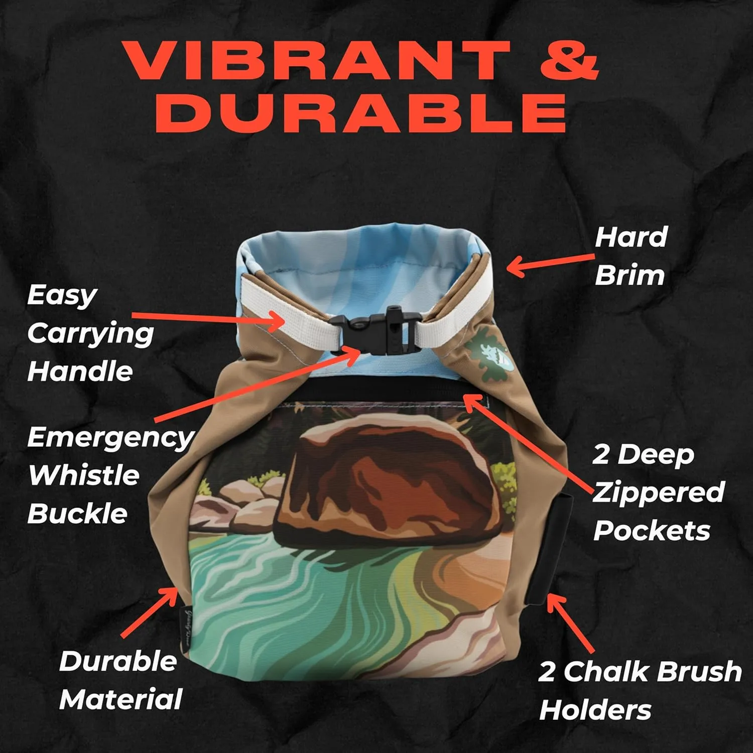 Rock Climbing Chalk Bucket | for Bouldering Gym & Outdoor Use | Durable Velcro Closure, 2 Zippered Pockets, Easy-Carry Handle
