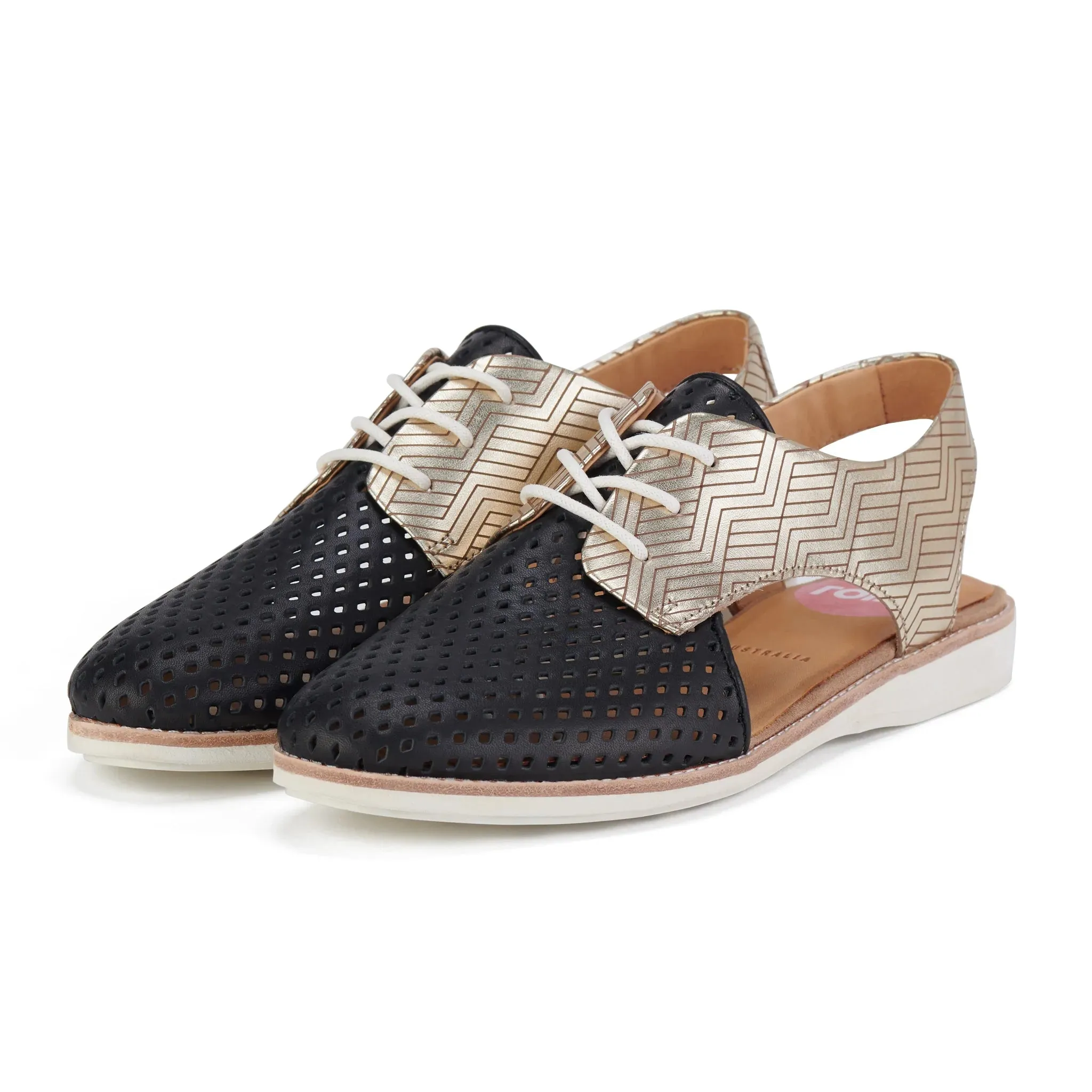 Rollie - Slingback Punch Black Gold Etched