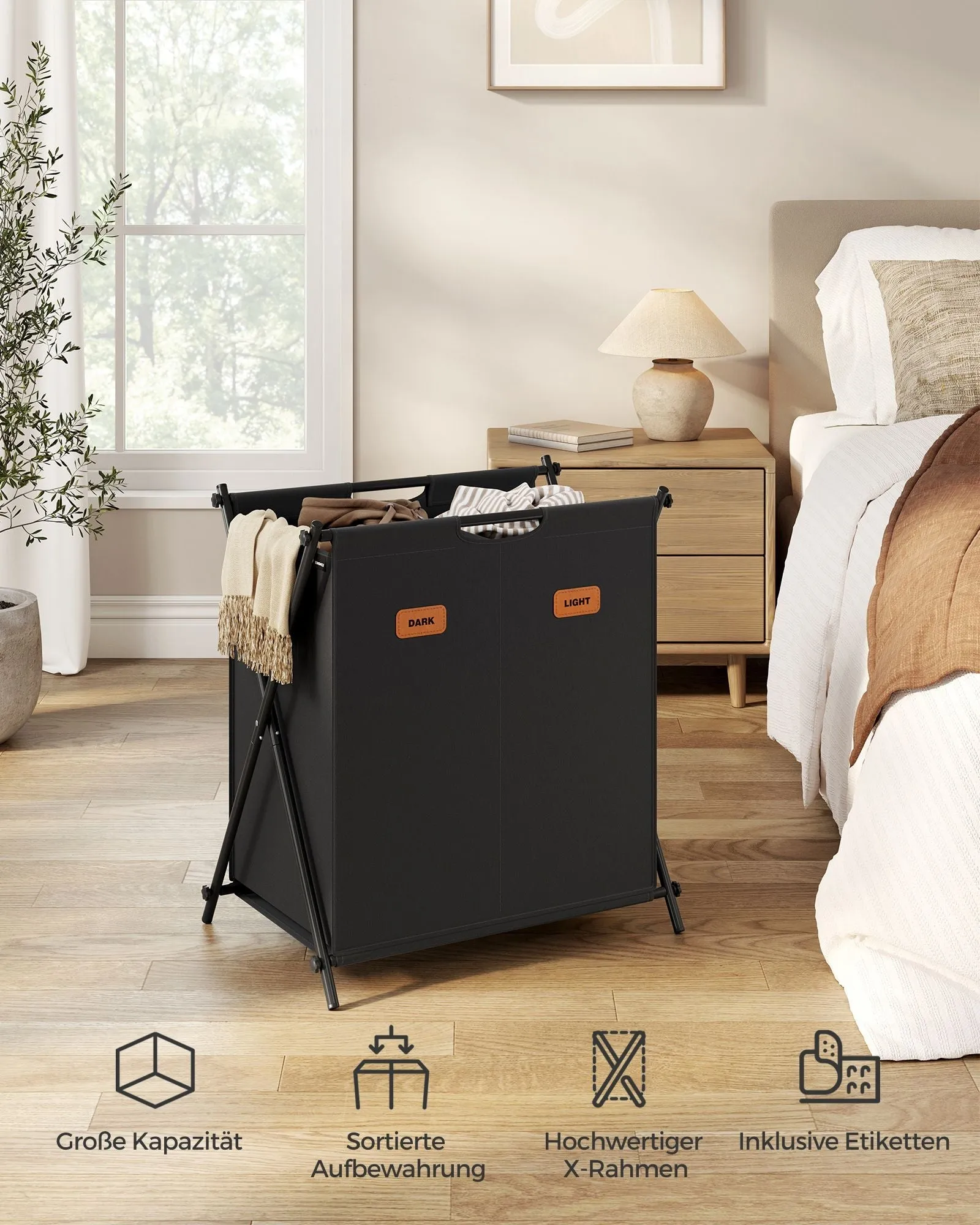 Rootz Portable Washing Basket - Laundry Hamper - Collapsible Bin - 600D Oxford Cloth - Steel Frame - 60cm x 40cm x 66cm - Ink Black