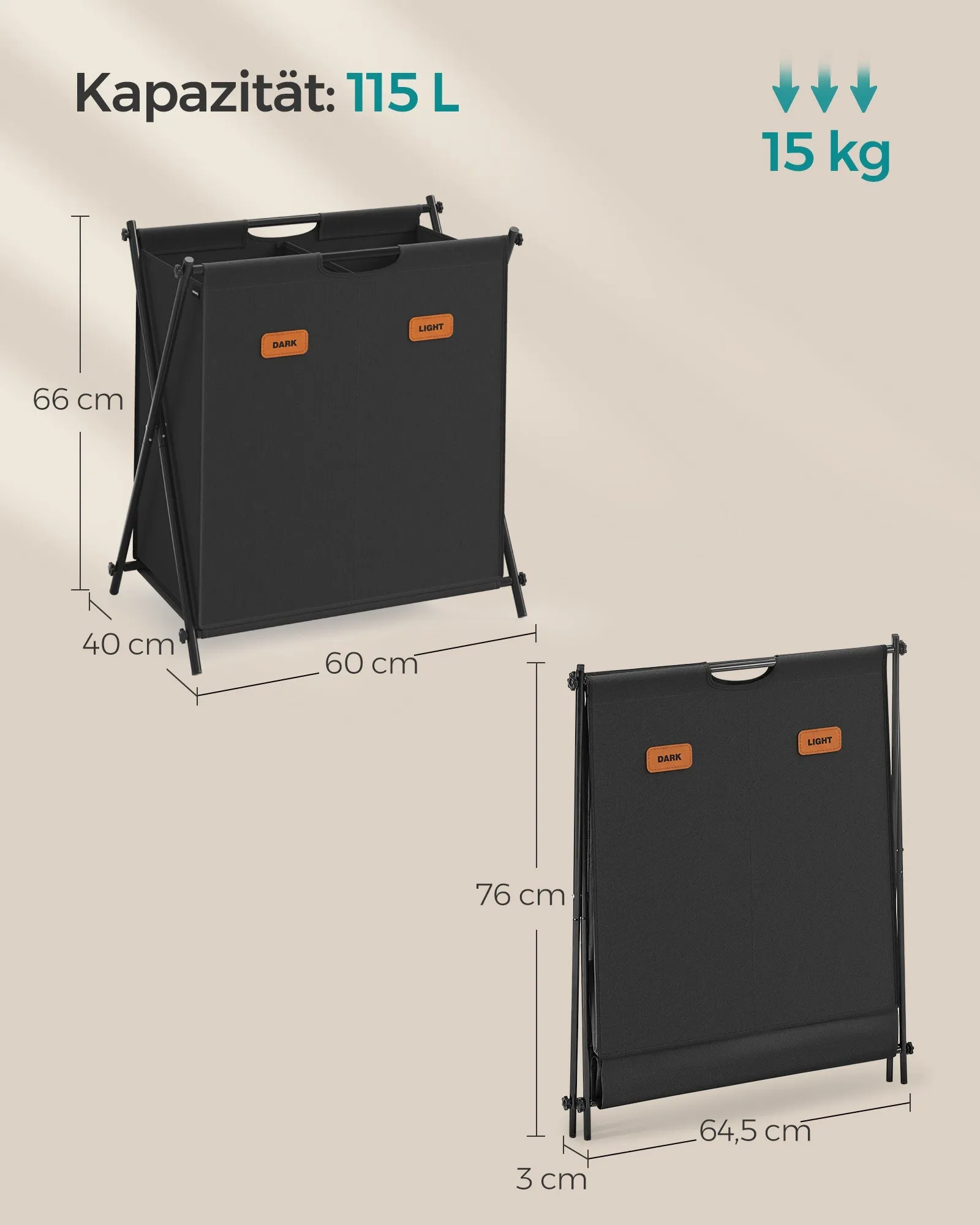Rootz Portable Washing Basket - Laundry Hamper - Collapsible Bin - 600D Oxford Cloth - Steel Frame - 60cm x 40cm x 66cm - Ink Black