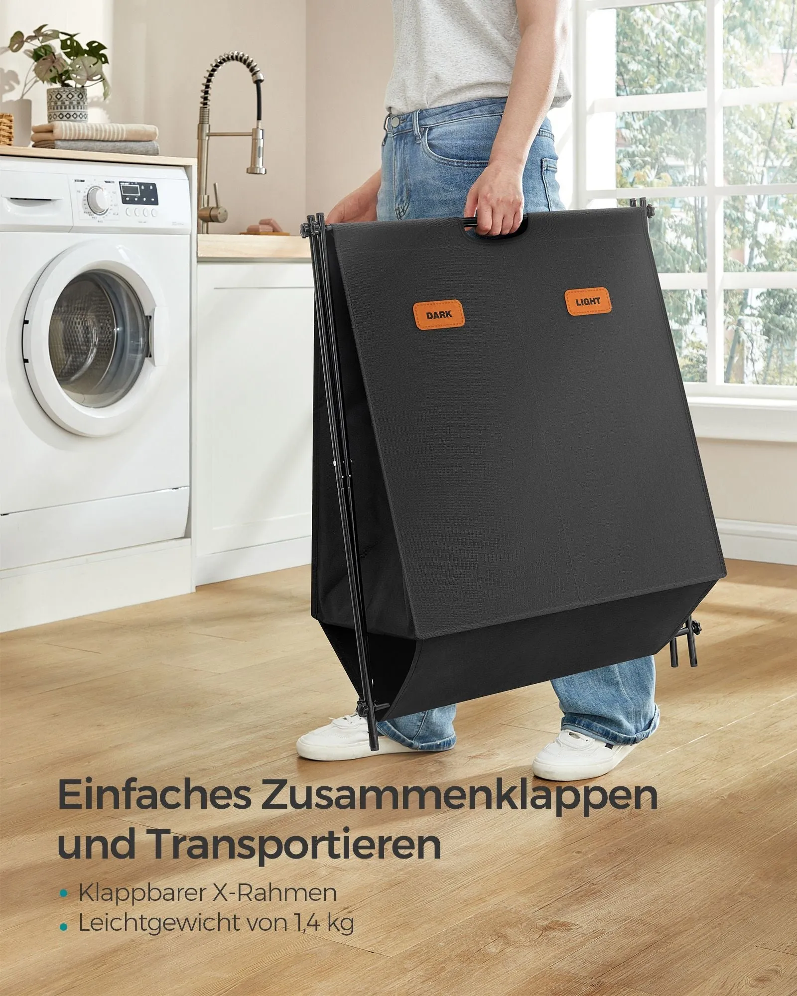 Rootz Portable Washing Basket - Laundry Hamper - Collapsible Bin - 600D Oxford Cloth - Steel Frame - 60cm x 40cm x 66cm - Ink Black